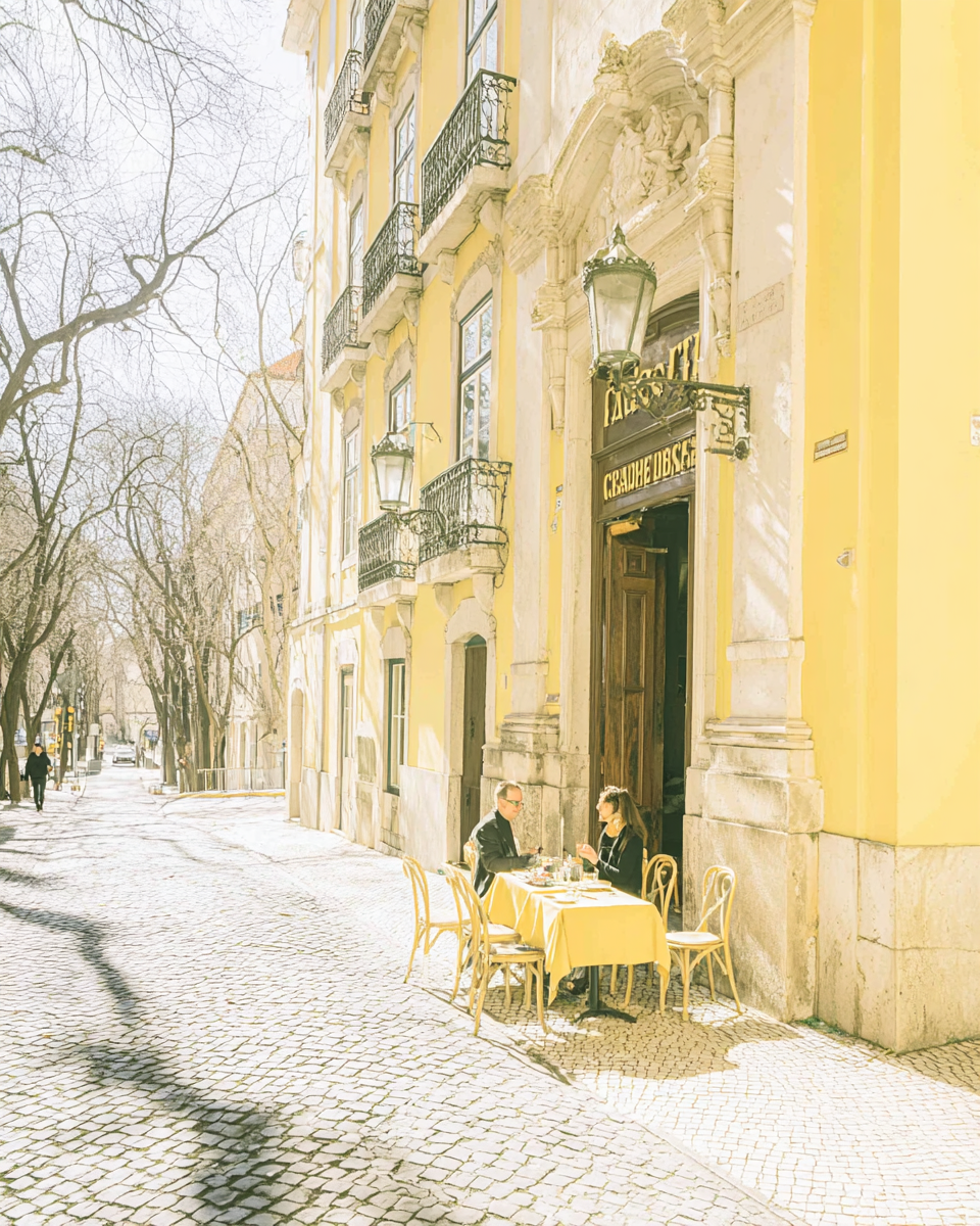 Cena ensolarada de uma rua com calçada de paralelepípedos, onde duas pessoas estão sentadas em uma mesa de café ao ar livre. A fachada amarela de um prédio histórico com varandas ornamentadas e grandes lanternas complementa a atmosfera tranquila e europeia. Árvores sem folhas projetam sombras no chão, criando um padrão visual intrigante. A iluminação suave destaca a textura dos elementos arquitetônicos, enquanto o foco se mantém nítido em toda a composição.