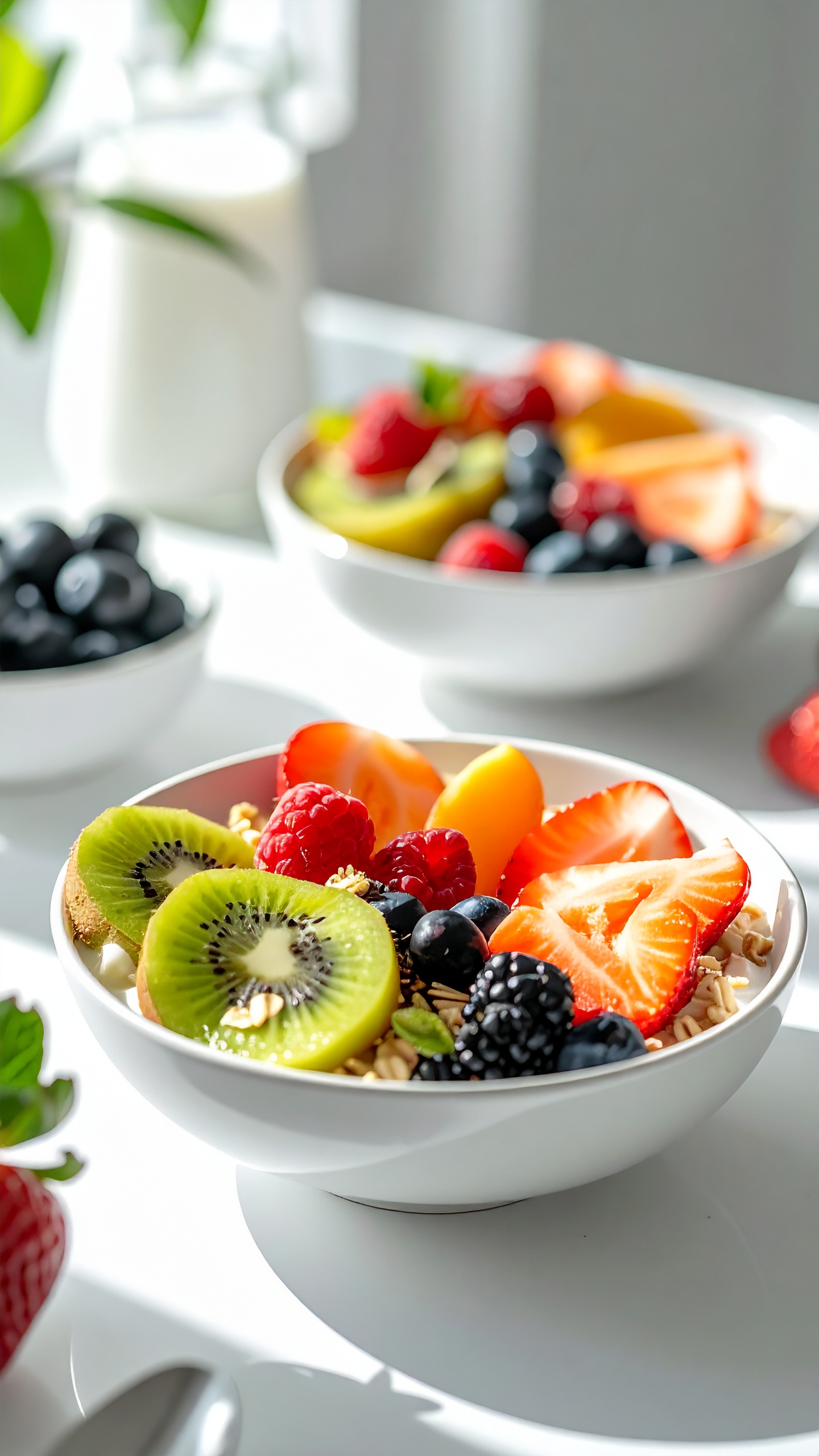 Tigelas de frutas frescas e coloridas em um ambiente iluminado, com morangos, kiwis e blueberries sobre uma base de cereais crocantes. A luz suave e natural realça as cores vibrantes dos alimentos, criando uma atmosfera saudável e convidativa. A composição minimalista foca em detalhes texturais dos ingredientes, com um fundo desfocado que destaca o prato principal.