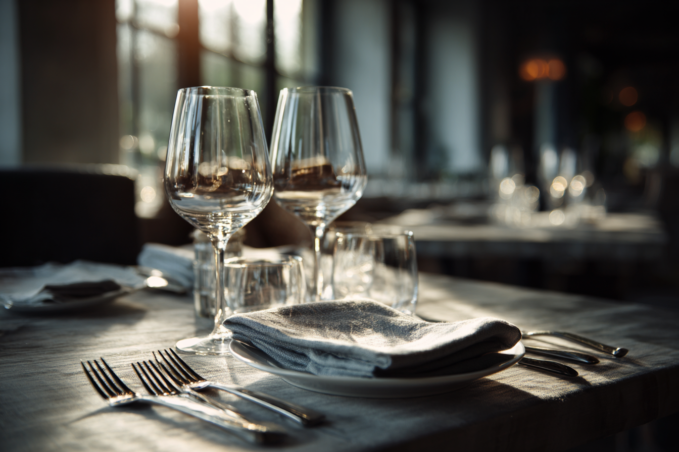 Mesa elegantemente posta em um restaurante, com taças de vinho, copos de água, talheres e guardanapos organizados, iluminada pela luz suave do sol entrando pelas janelas.