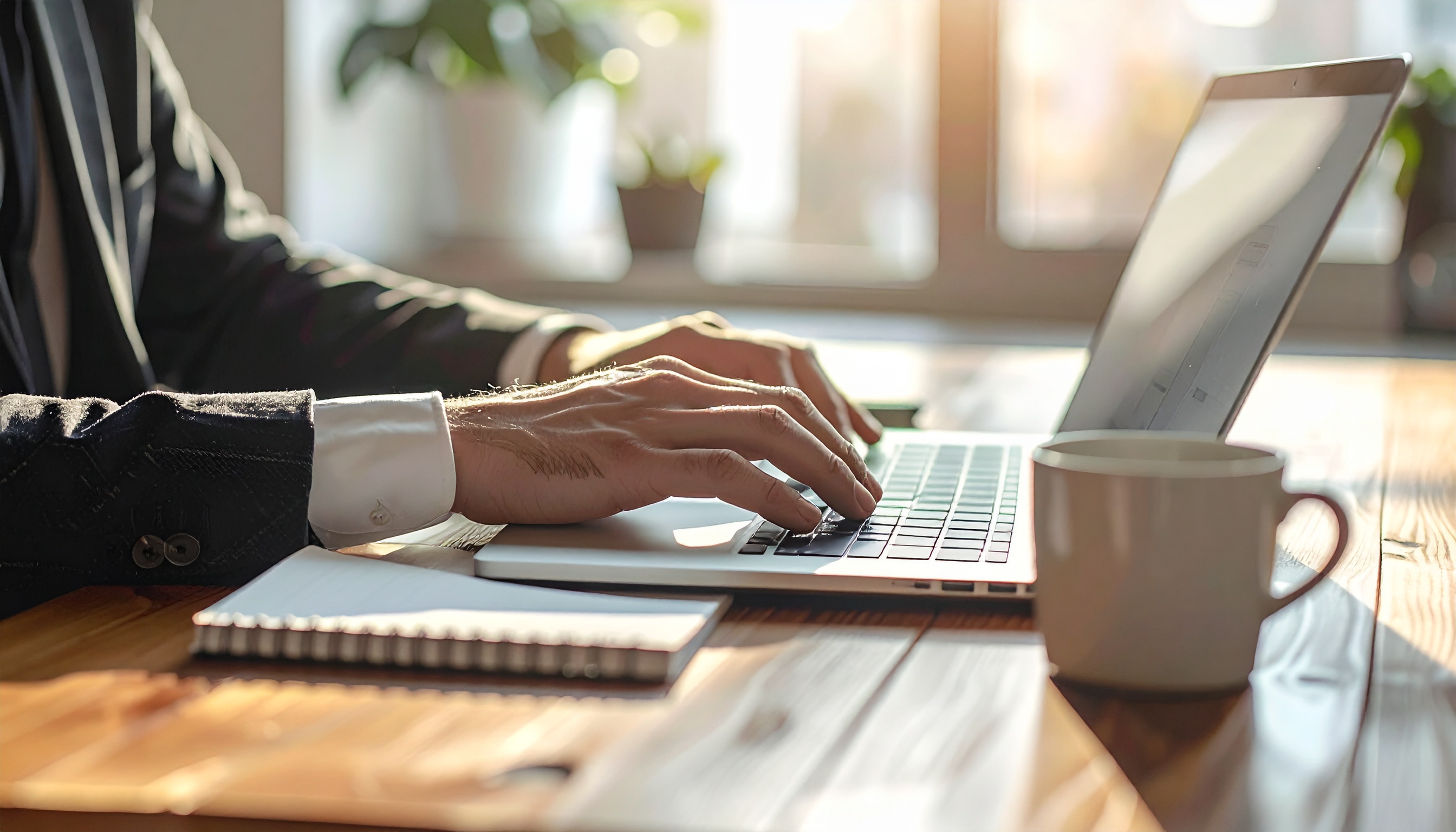 Professional Hands Working on a Laptop in a Bright Office