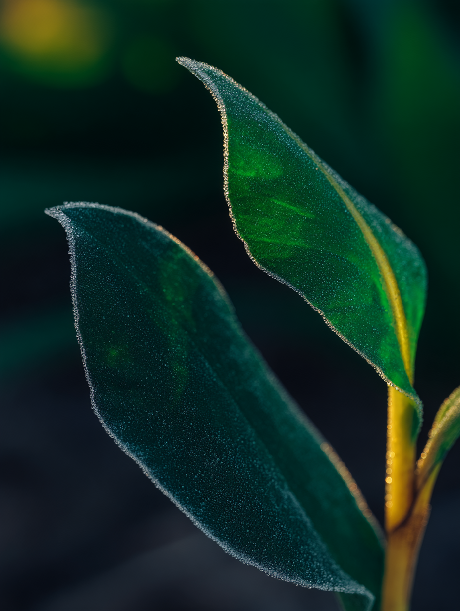 Folhas verdes cobertas de gotículas de orvalho, destacadas por iluminação suave e fundo escuro desfocado, criando um efeito de contraste e textura vívida.
