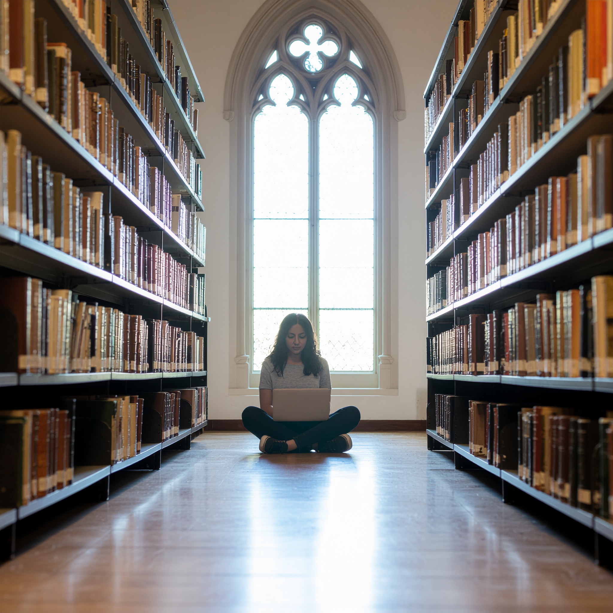 Pessoa sentada no chão de uma biblioteca entre estantes de livros, usando laptop. Iluminação suave através de uma janela grande com vitral, criando um ambiente de estudo tranquilo. Perspectiva simétrica entre as estantes, foco nítido no centro, e atmosfera de concentração e tranquilidade.