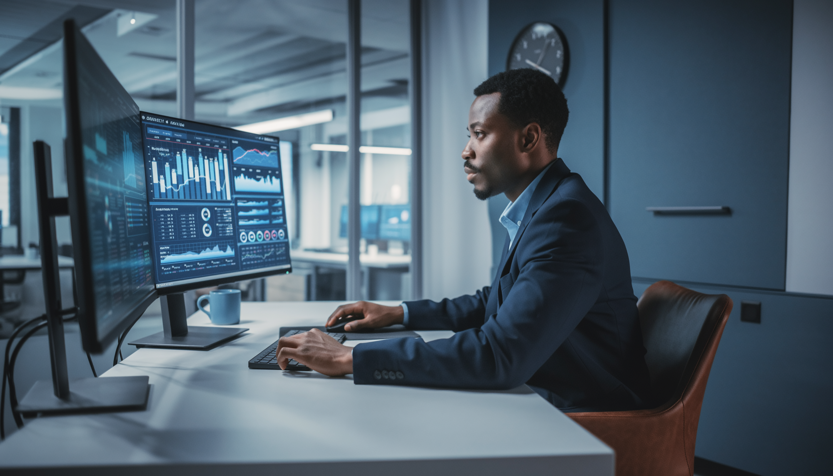 Homem em traje formal trabalha em escritório moderno, analisando gráficos em grandes monitores. A iluminação suave cria uma atmosfera concentrada e profissional. A composição destaca a tela com dados detalhados, enquanto o fundo desfocado sugere um ambiente de trabalho corporativo.