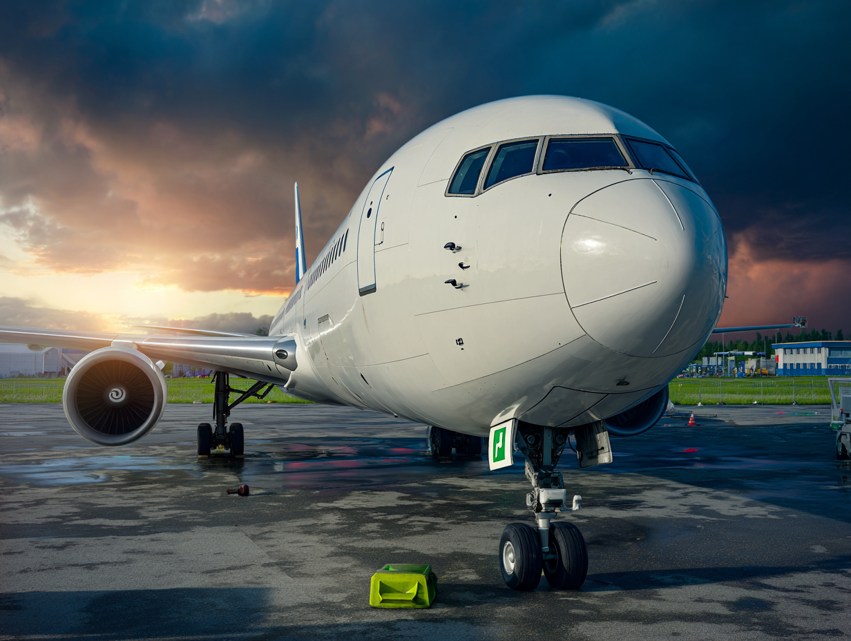 A imagem apresenta um avião de passageiros em um ambiente de aeroporto, com um céu dramático ao fundo. O avião é predominantemente branco, com detalhes em azul e cinza. A luz do sol poente reflete na superfície do avião e no solo molhado, criando um contraste marcante entre o brilho e as nuvens escuras.