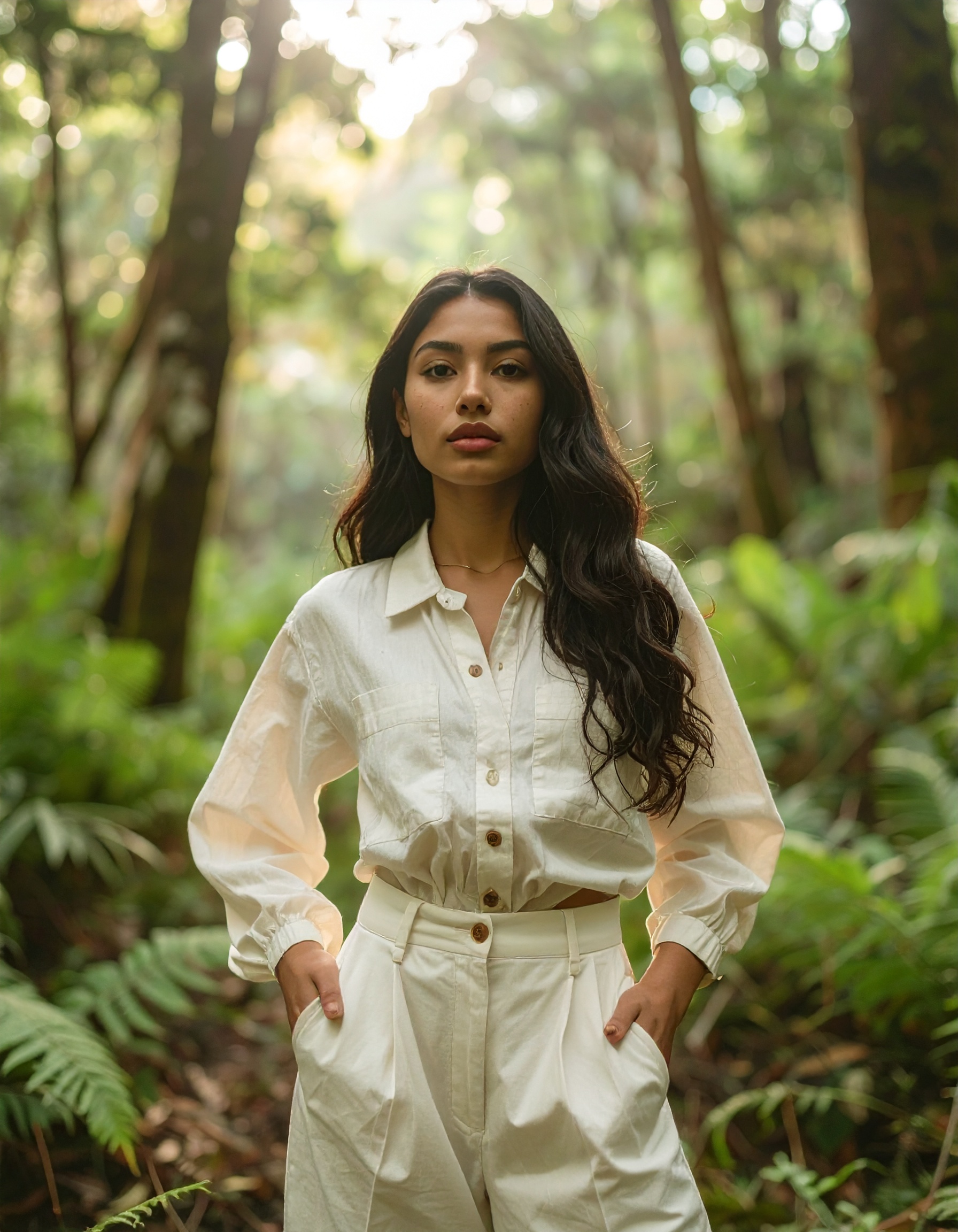 A woman stands confidently in a lush forest, wearing a stylish white outfit