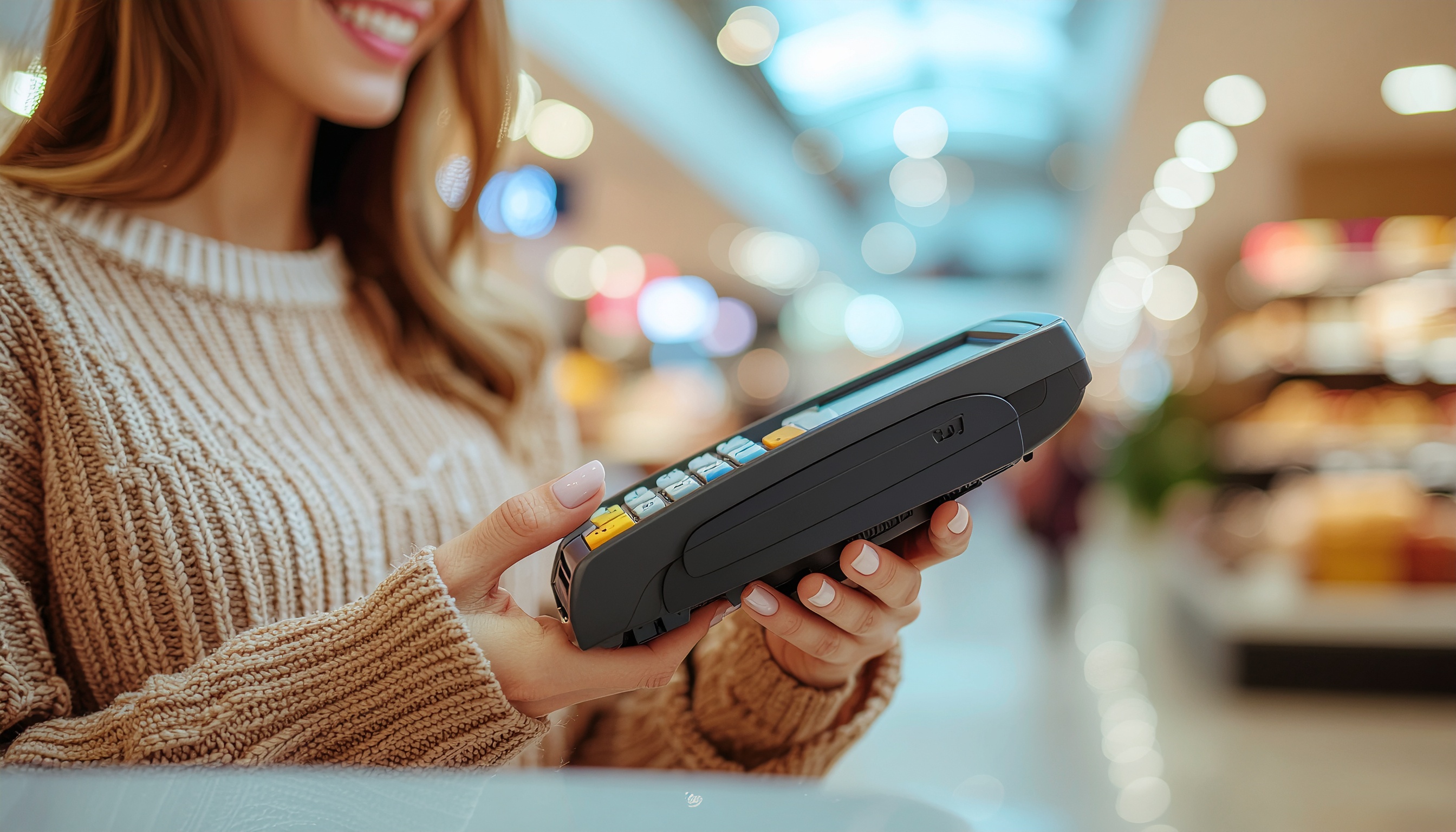Uma mulher segurando uma máquina de cartão em um ambiente de shopping, com iluminação suave e fundo desfocado. O foco está nas mãos da mulher, que usa um suéter de tricô bege. A cena transmite um ambiente moderno e acolhedor, com iluminação difusa e bokeh criativo.