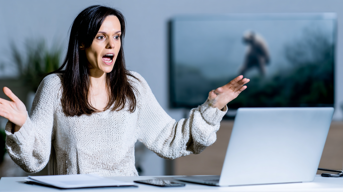 Mulher com expressão de surpresa gesticulando frente ao laptop em ambiente moderno, sugerindo uma reação a algo inesperado ou chocante na tela.