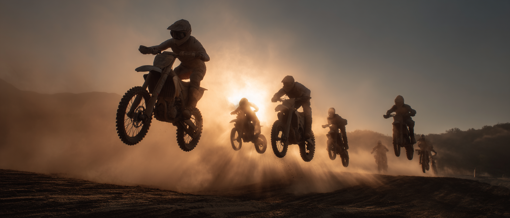 A imagem captura a ação dinâmica de motocicletas off-road saltando em uma pista empoeirada, com uma iluminação dramática ao fundo. As cores predominantes são tons quentes de laranja e amarelo, contrastando com o céu azul escuro. Os motociclistas estão em silhueta, enfatizando suas formas e movimentos. A poeira levantada cria uma atmosfera de adrenalina e velocidade.