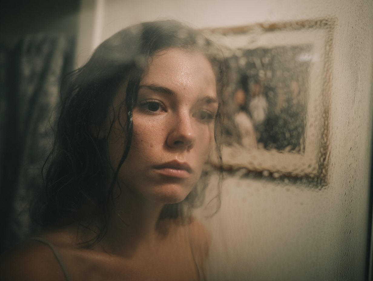 Retrato de uma jovem mulher com cabelo molhado, olhando pensativa através de uma porta de vidro embaçada. O ambiente sugere um banheiro, com uma imagem desfocada ao fundo. A atmosfera é introspectiva e emocional, capturando um momento de reflexão e vulnerabilidade.