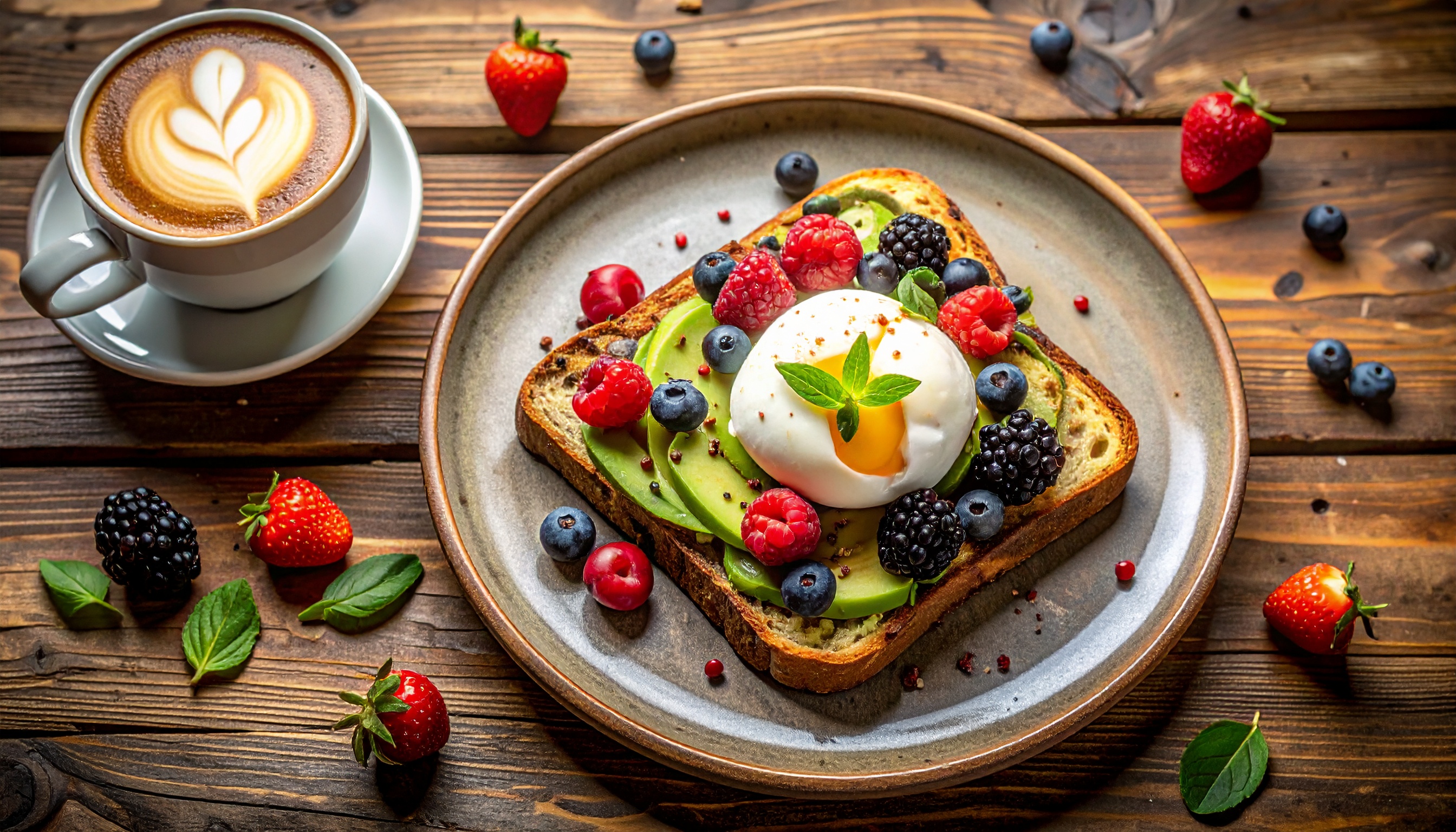 A vibrant breakfast plate featuring avocado toast topped with a poached egg and assorted berries