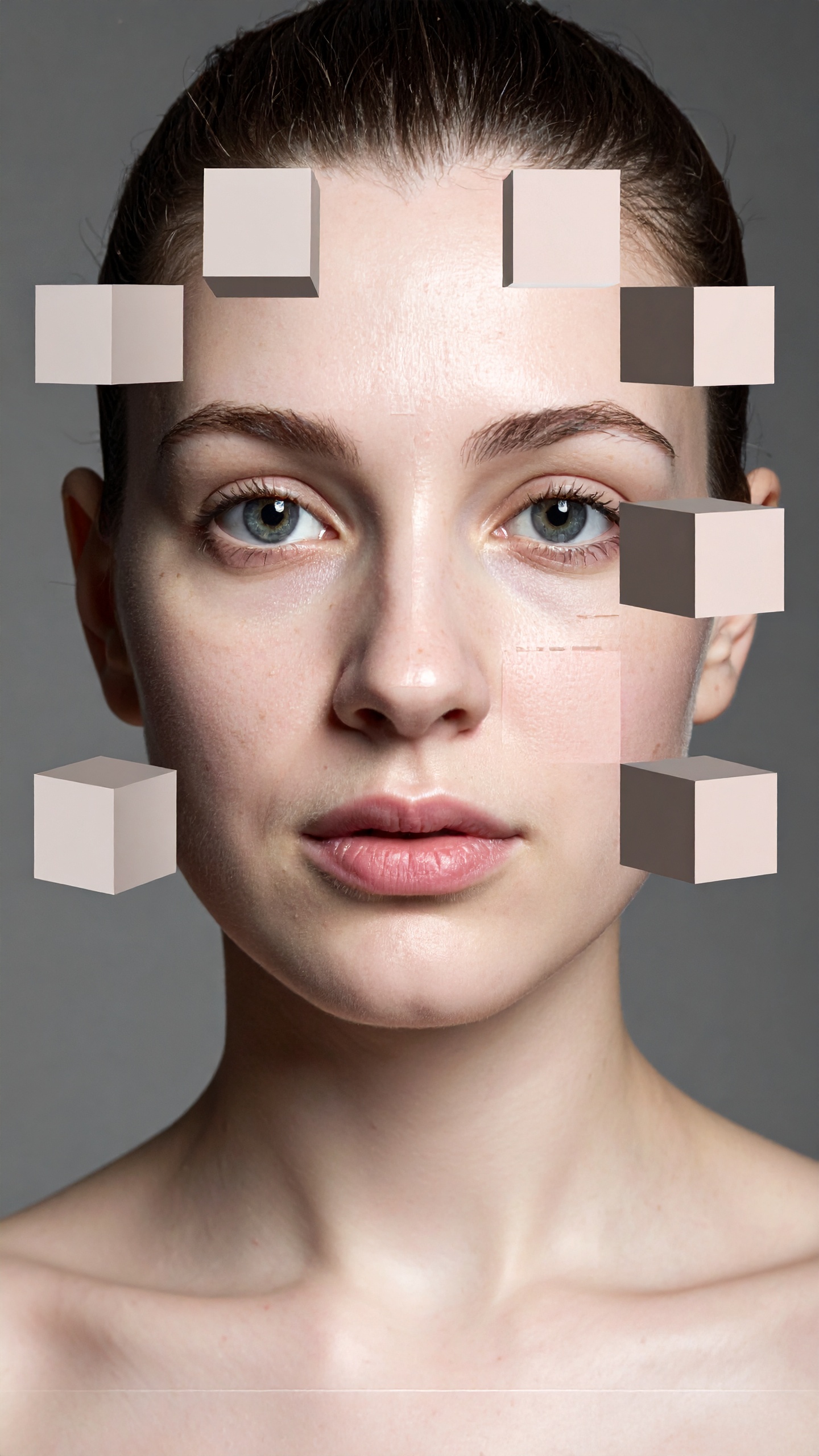 A woman's face with virtual 3D cubes floating around it