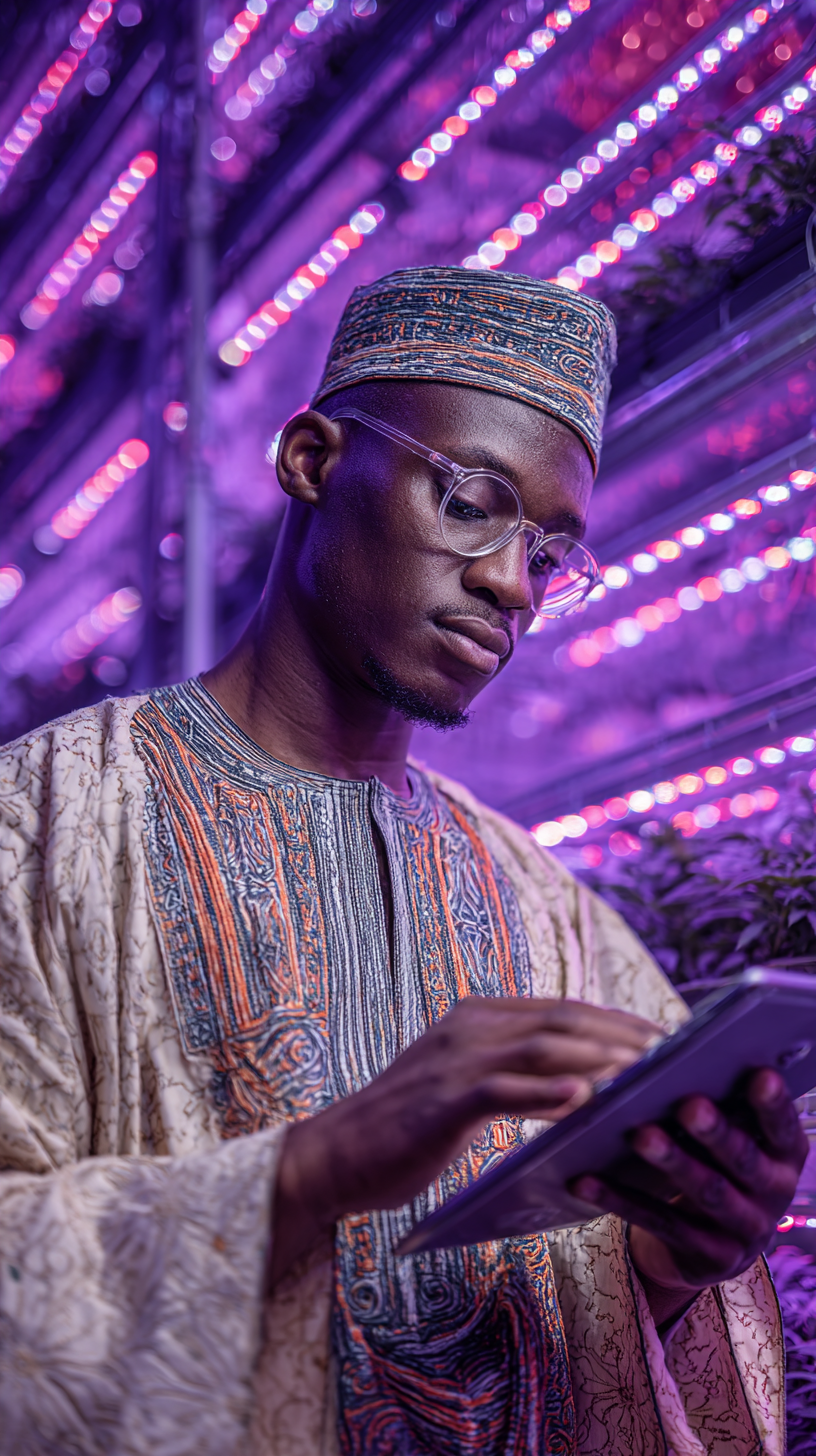 Um homem usando um tablet em um ambiente de cultivo vertical iluminado com luzes LED coloridas. Ele veste uma roupa tradicional e óculos, demonstrando concentração enquanto trabalha com tecnologia agrícola moderna. O fundo apresenta plantas saudáveis sob luzes roxas.