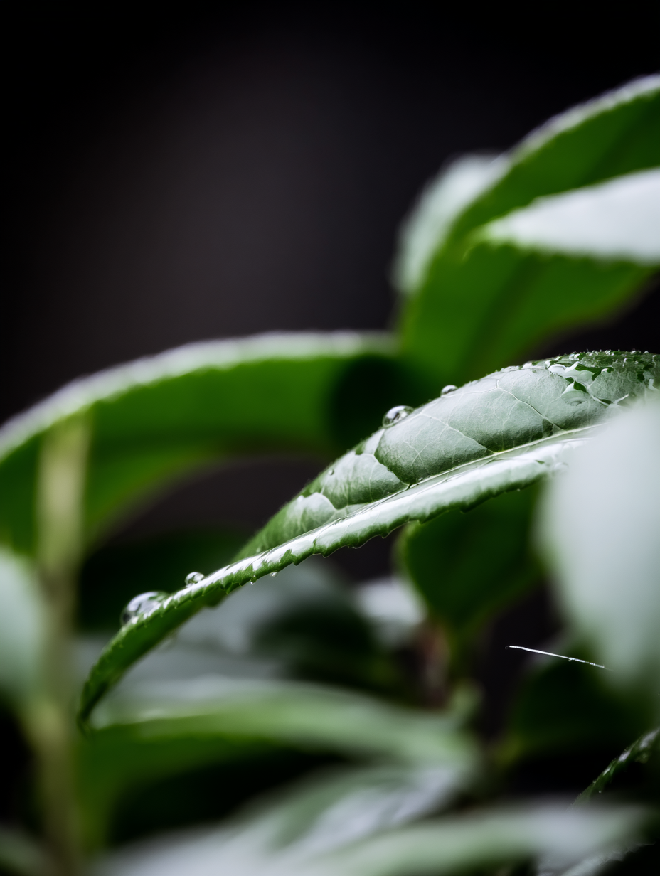 Close-up de folhas verdes com gotículas de água brilhando sob luz suave, destacando a textura vívida e frescor natural. Fundo desfocado cria profundidade e ênfase nas folhas em primeiro plano, transmitindo serenidade e frescor.