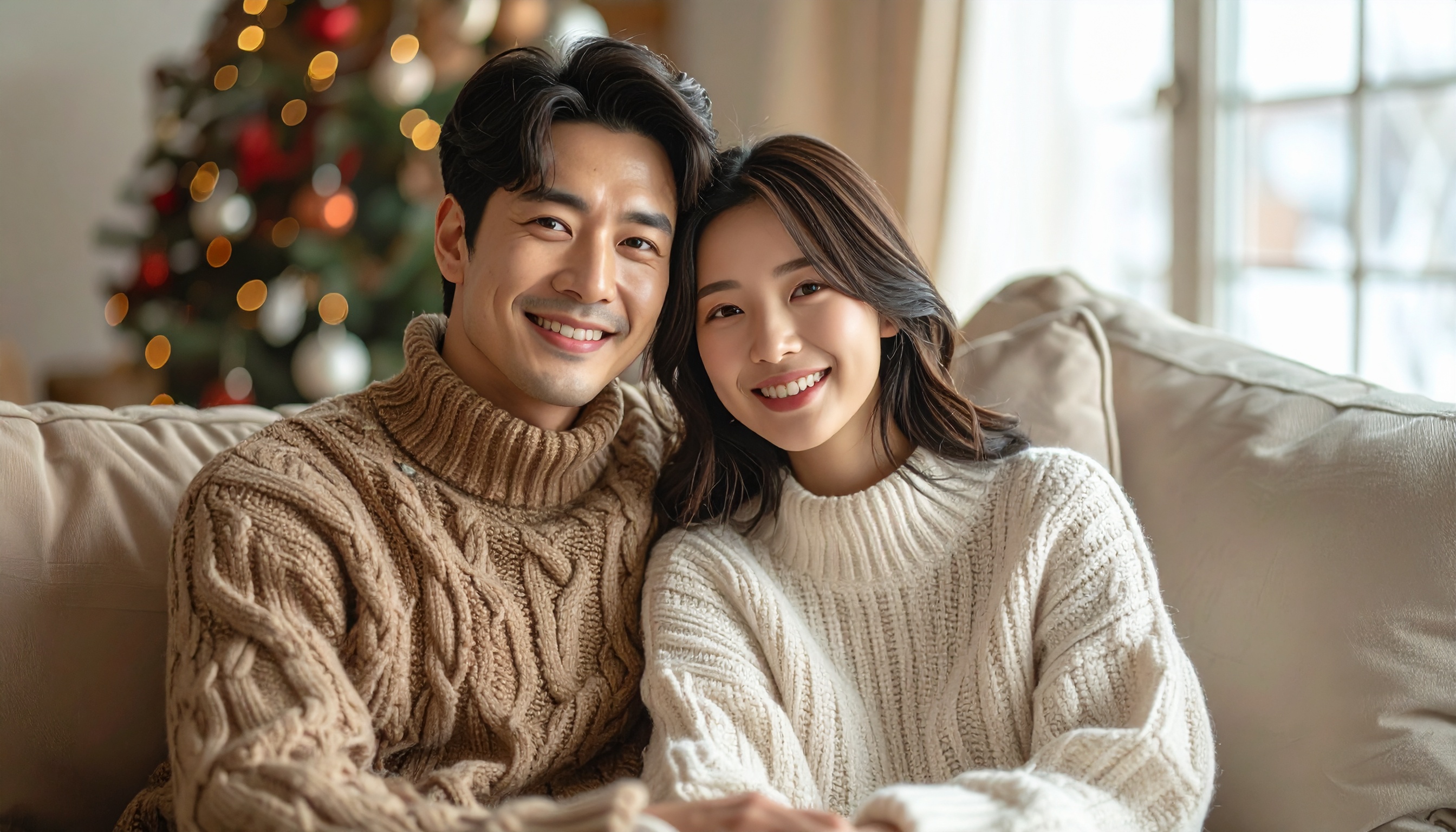 Happy Couple in Cozy Sweaters on Beige Sofa