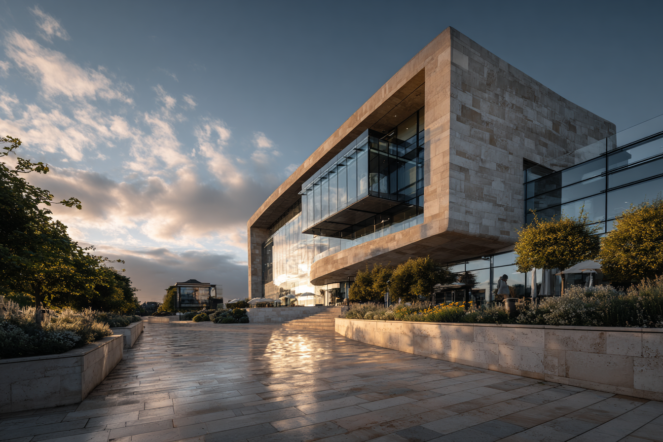 A imagem apresenta um edifício moderno com uma estrutura angular e superfícies de vidro refletindo a luz do sol. O céu ao fundo é de um azul suave, salpicado por nuvens brancas e cinzas. A paleta de cores é predominantemente neutra, com tons de cinza, beige e verde das plantas ao redor, e toques de amarelo e branco nas flores. O caminho de pedras reflete a luz, criando um efeito visual interessante.