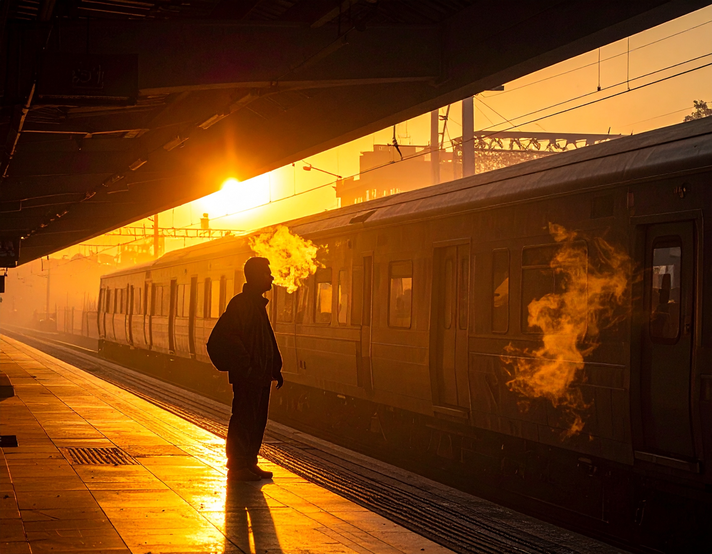 A person stands on a train platform bathed in golden evening sunlight