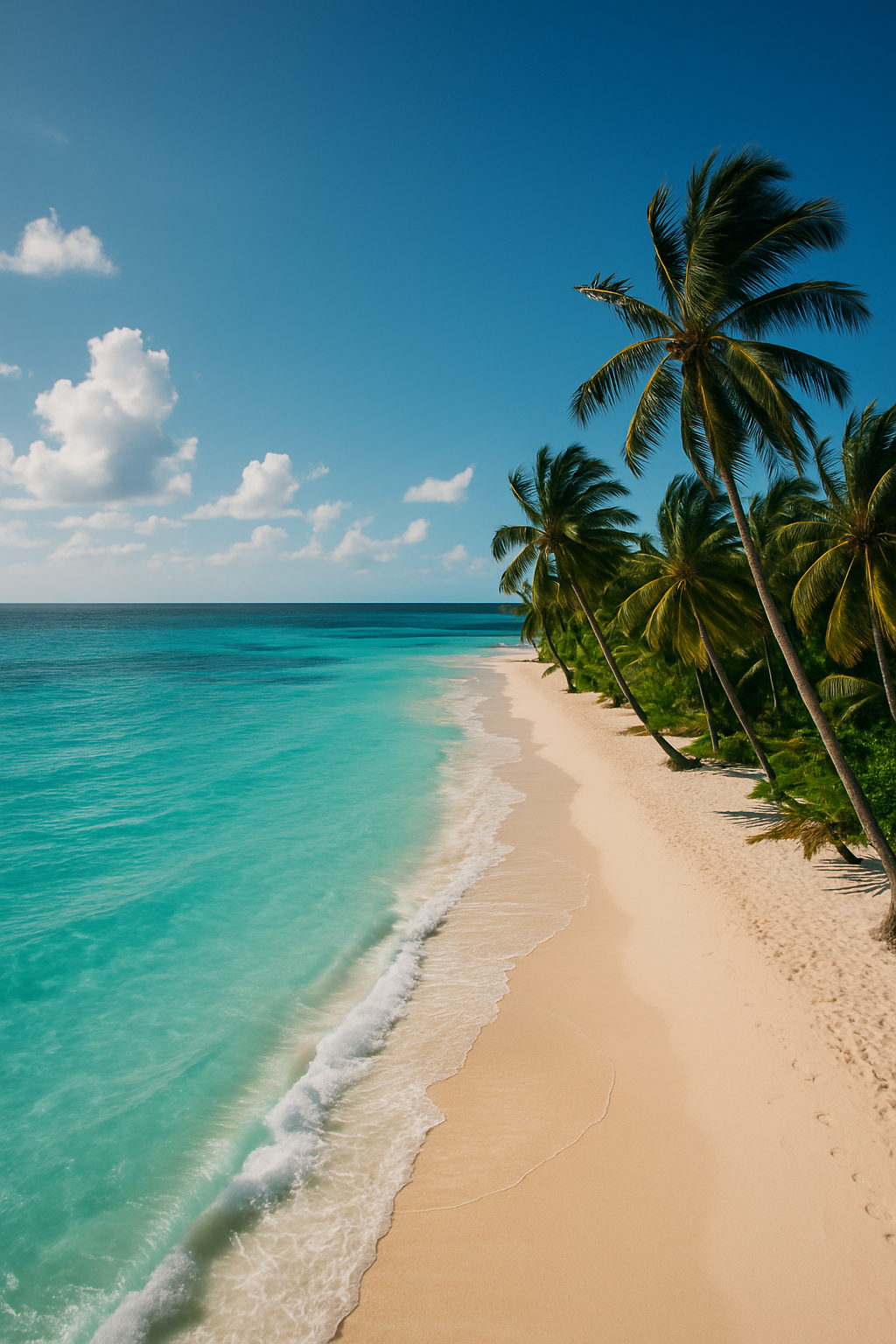 Praia tropical deslumbrante com areia branca e água cristalina em tons de azul-turquesa. O céu limpo e azul contrasta com as palmeiras verdes, criando uma sensação de tranquilidade e beleza natural. A composição em perspectiva acentua a linha costeira, enquanto a iluminação natural destaca a vivacidade das cores e a serenidade da cena.