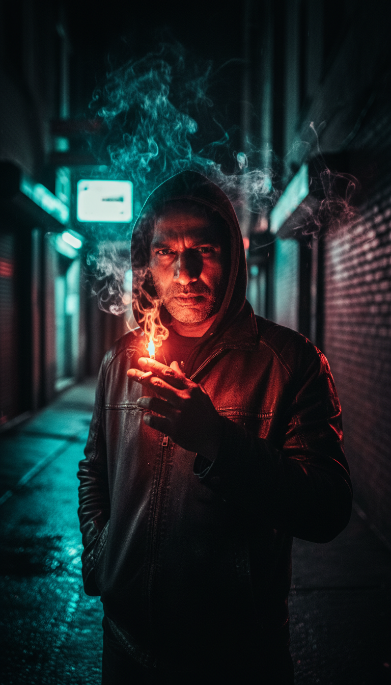 A man in a leather jacket stands in a dimly lit urban alley, exuding a mysterious aura