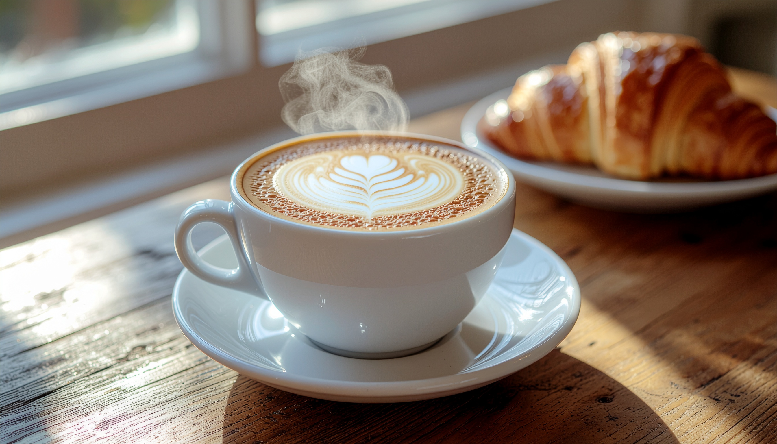 Xícara de cappuccino com latte art em forma de coração sobre mesa de madeira. Ideal para momentos de relaxamento ou para começar o dia com energia. A espuma cremosa e o design de latte art oferecem um toque de elegância. Perfeito para cafés da manhã ou encontros em cafeterias aconchegantes. A combinação visual com o croissant ao fundo adiciona um charme europeu à cena.