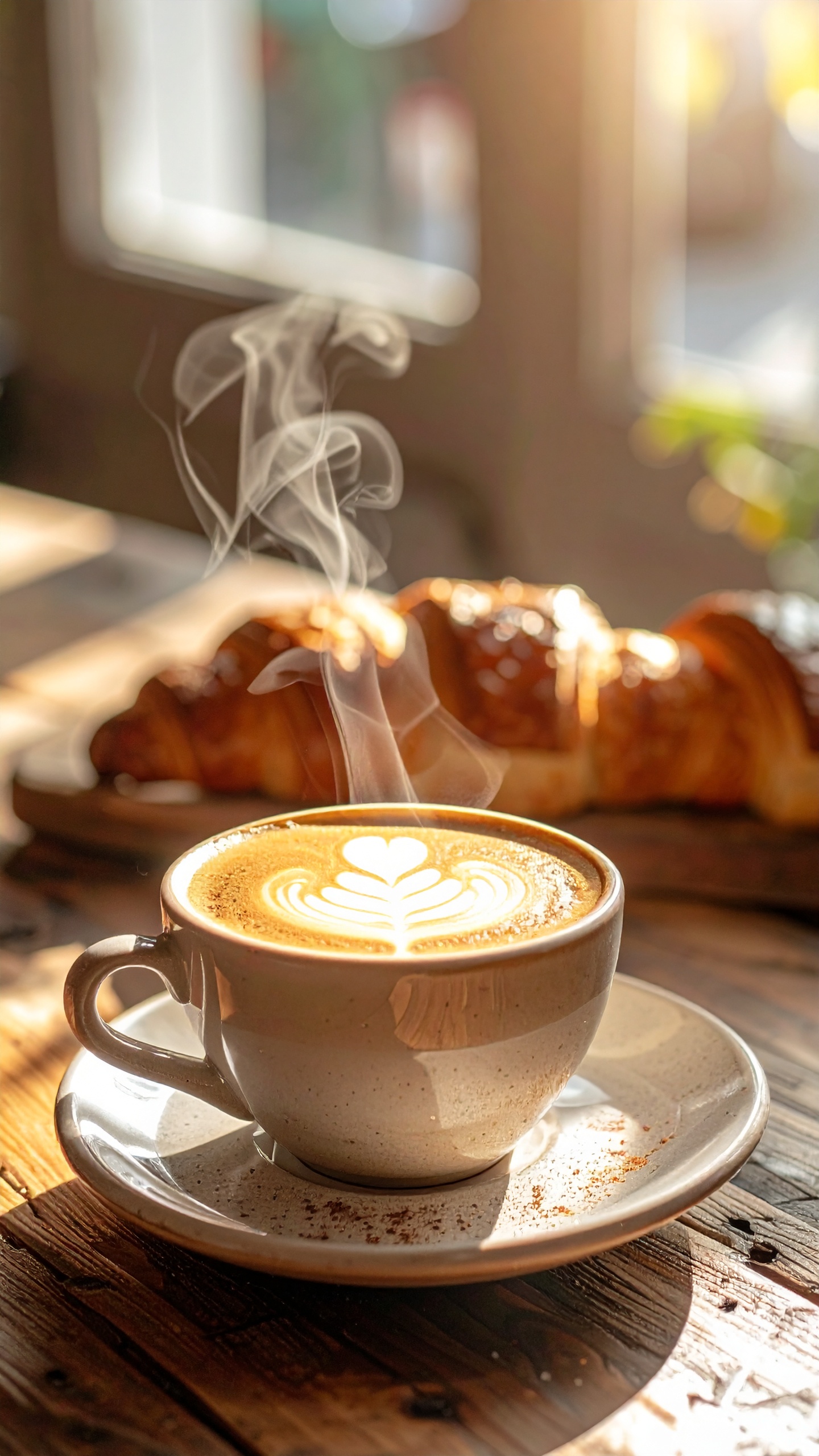 Xícara de cappuccino com arte latte ao lado de croissant em mesa de madeira iluminada pelo sol. Ideal para momentos de relaxamento ou um café da manhã especial, complementando o ambiente com sofisticação. O vapor subindo do café adiciona uma sensação de aconchego e frescor. Perfeito para cafés, padarias ou ambientes de confraternização. A combinação de luz natural e ingredientes sofisticados destaca a qualidade e o cuidado na apresentação.