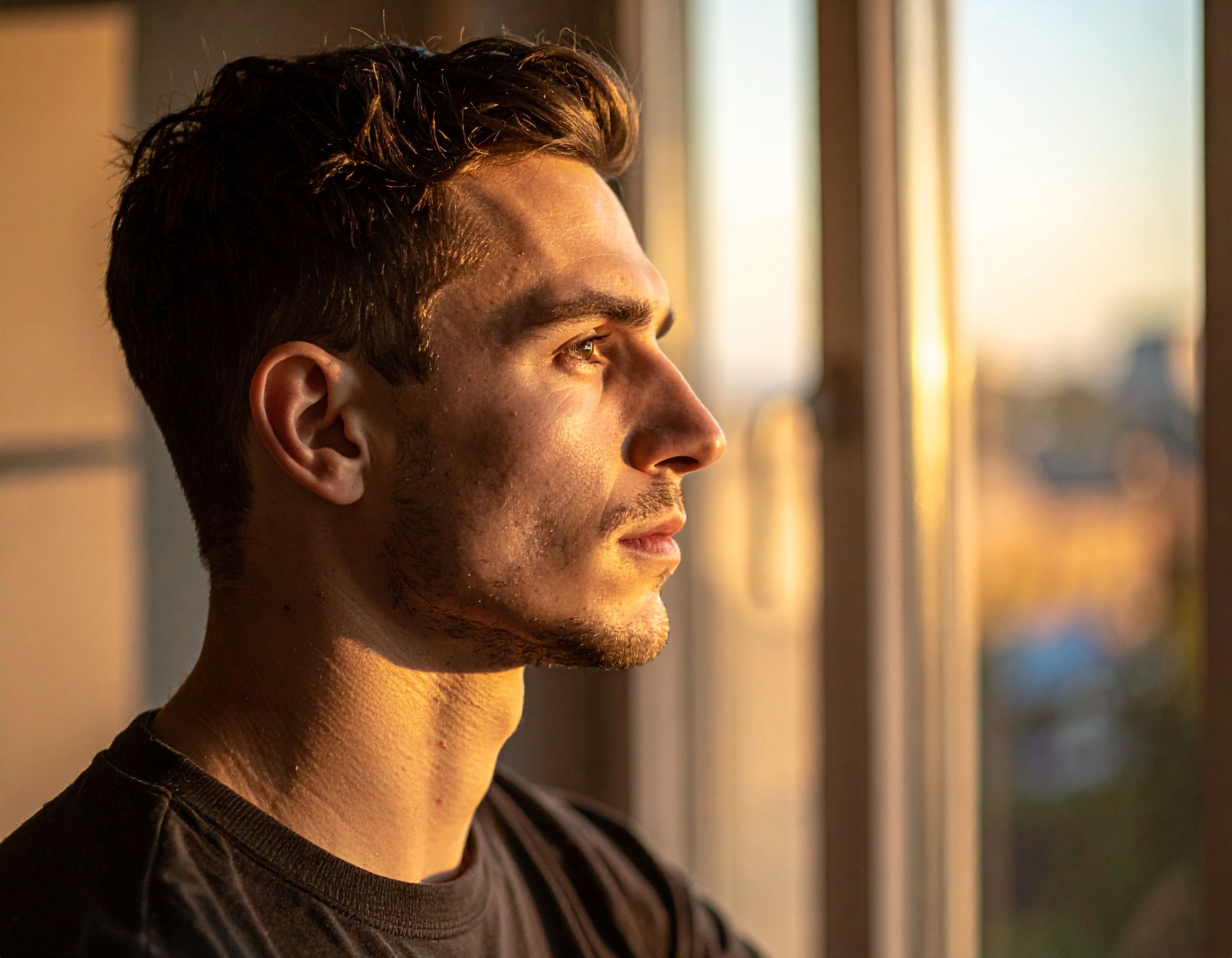 A young man gazes thoughtfully out of a sunlit window