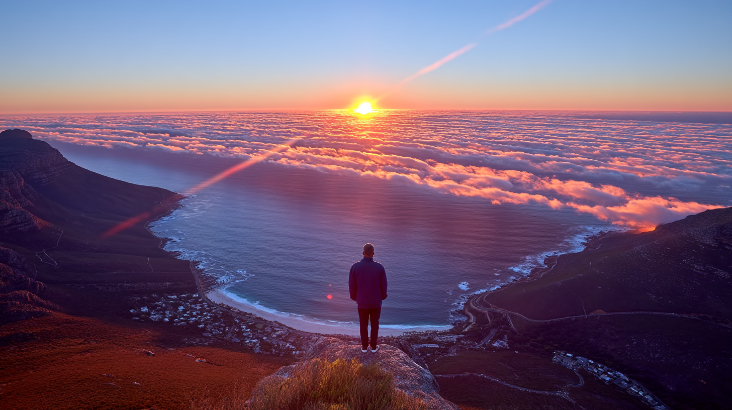 A breathtaking view of a sunset over the ocean, with vibrant hues of orange and pink illuminating the clouds. A person stands on a rocky outcrop, overlooking the landscape composed of mountains, water, and a small town along the shore. The scene is enveloped in a serene atmosphere, evoking feelings of tranquility and wonder.