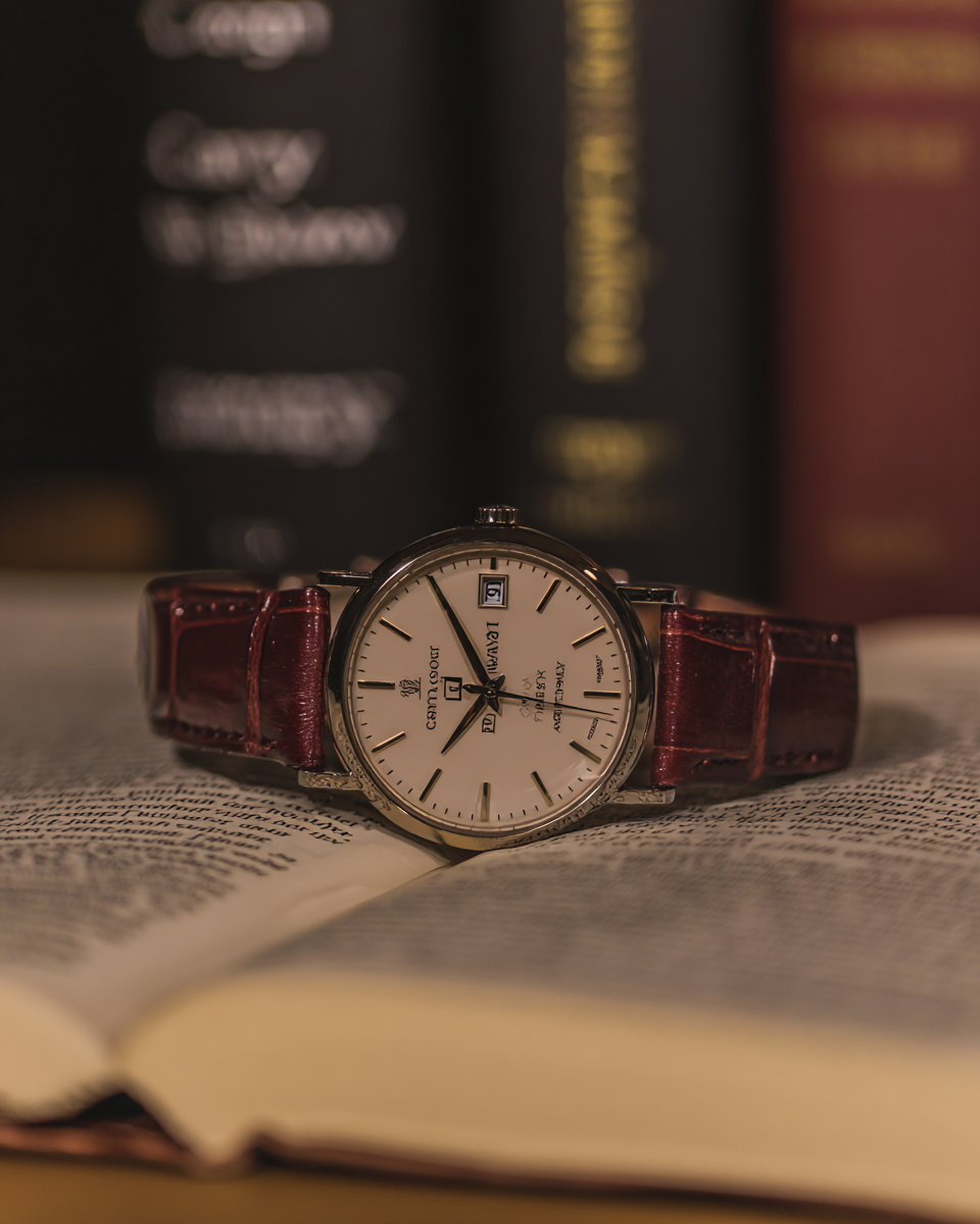 Relógio clássico com mostrador branco e pulseira de couro marrom repousa sobre um livro aberto em ambiente de biblioteca. As lombadas de livros desfocadas ao fundo criam uma composição sofisticada e intelectual, destacada por uma iluminação suave e quente. A imagem captura a essência do tempo e conhecimento, com foco preciso no relógio e profundidade de campo que acentua os detalhes do cenário.