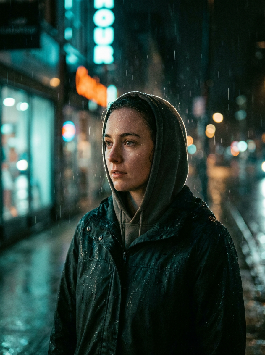 A person in a hooded jacket stands in a rainy urban street at night
