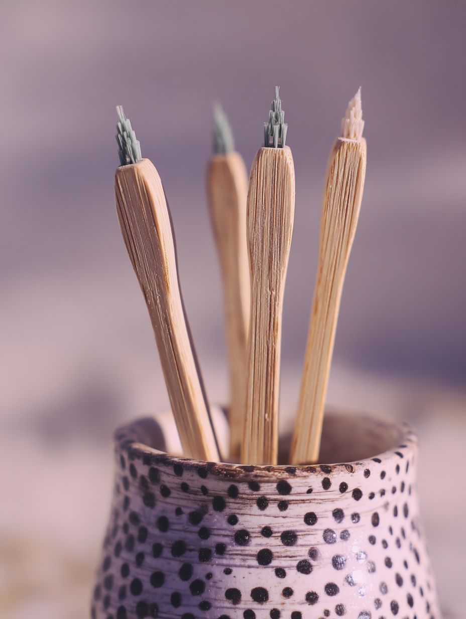 Quatro escovas de dentes de bambu em um suporte de cerâmica com estampas de bolinhas, destacadas por uma iluminação suave que enfatiza a textura natural e o design ecológico. O fundo desfocado e a composição vertical adicionam um toque minimalista e estético.