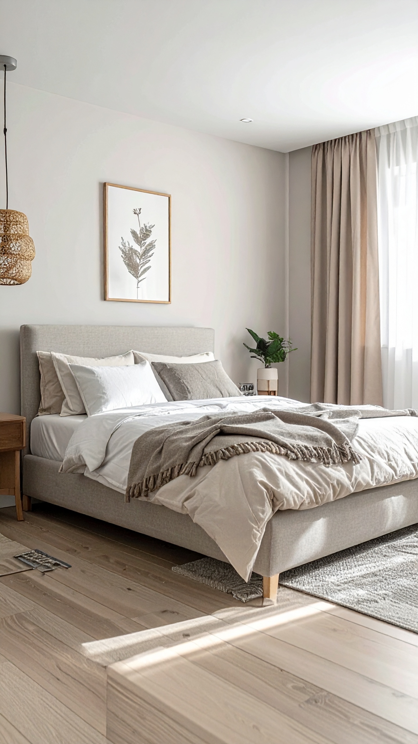 A serene bedroom with a beige upholstered bed and soft layers of textiles