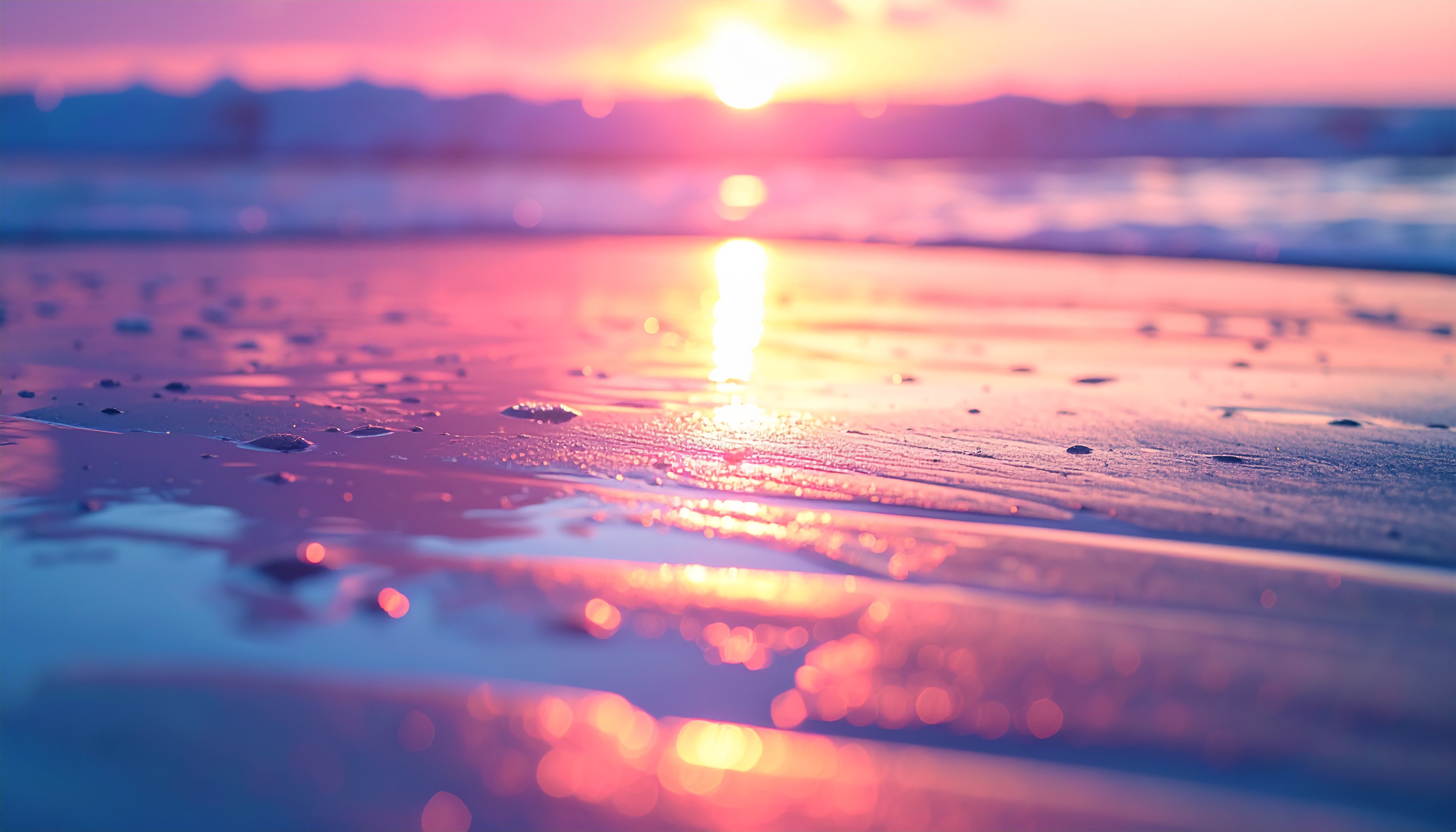 Sunset Scene on a Beach with Orange and Purple Reflections