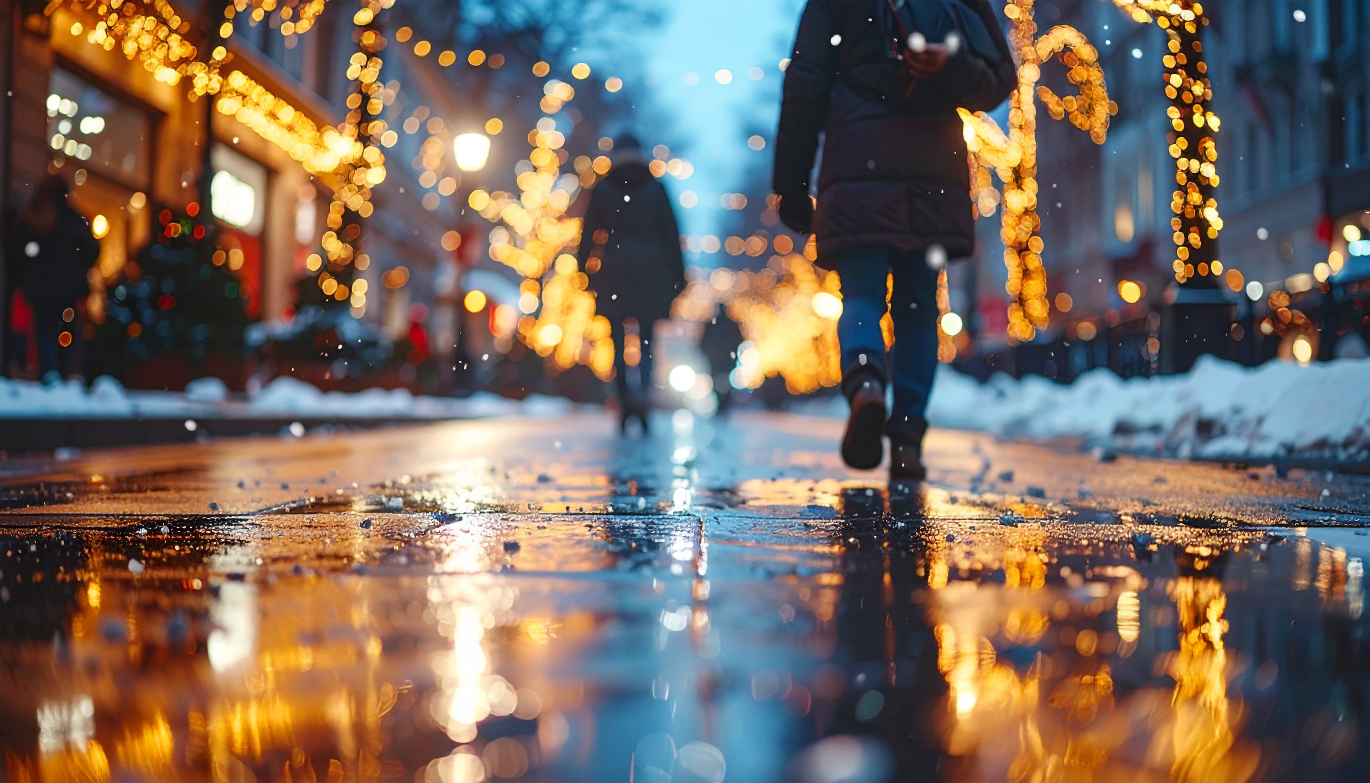Festive Nighttime City Scene with People Walking