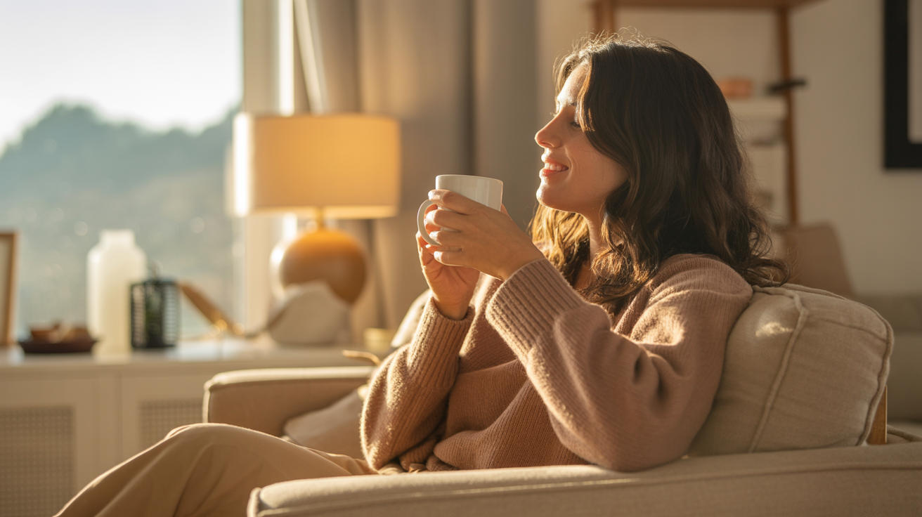 Woman Relaxing in Sunlit Room with Coffee