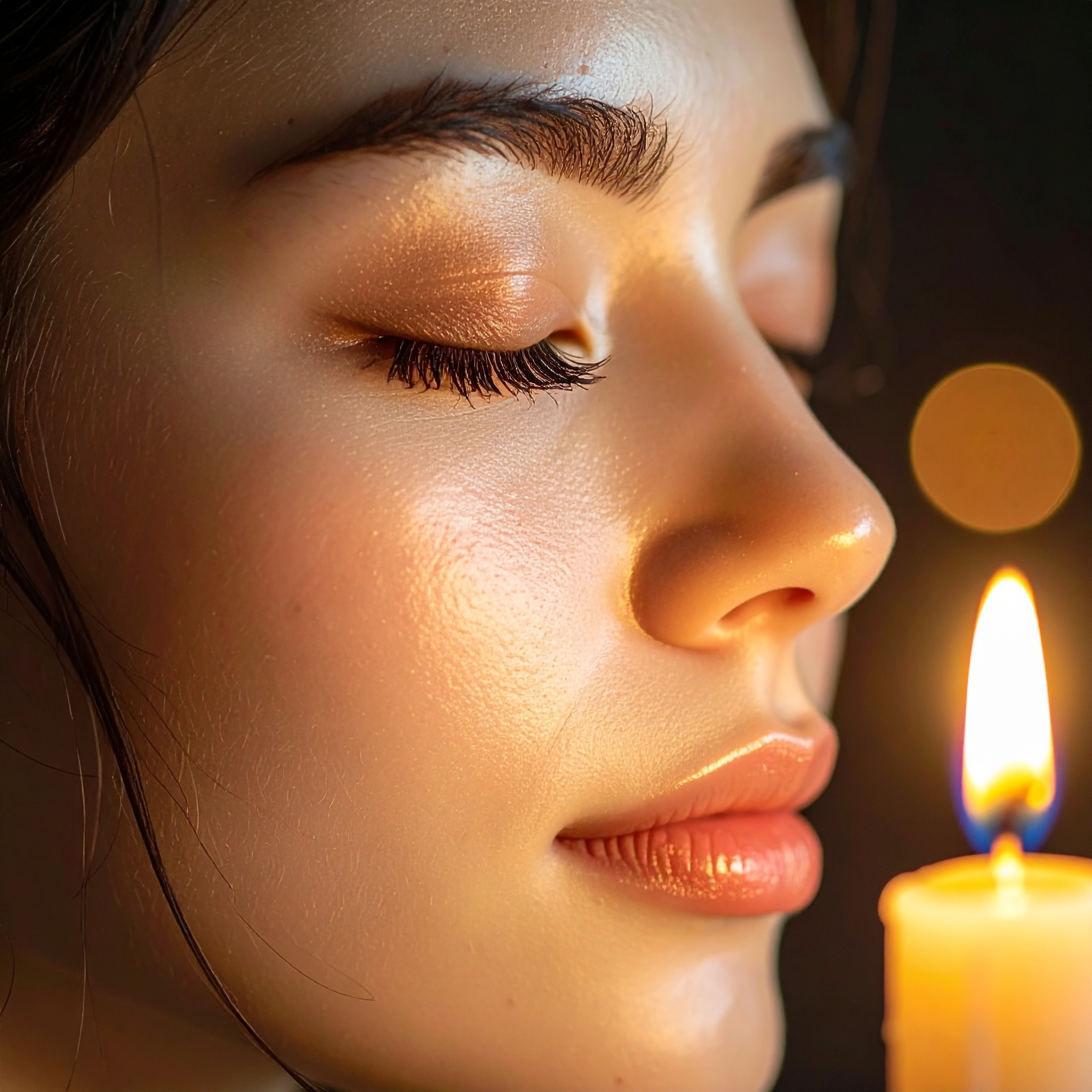 Close-up de uma mulher com olhos fechados e pele iluminada por uma vela, criando um brilho suave. A imagem captura a serenidade do momento, com foco nos detalhes faciais e iluminação quente que destaca as texturas da pele, formando uma composição íntima e contemplativa.
