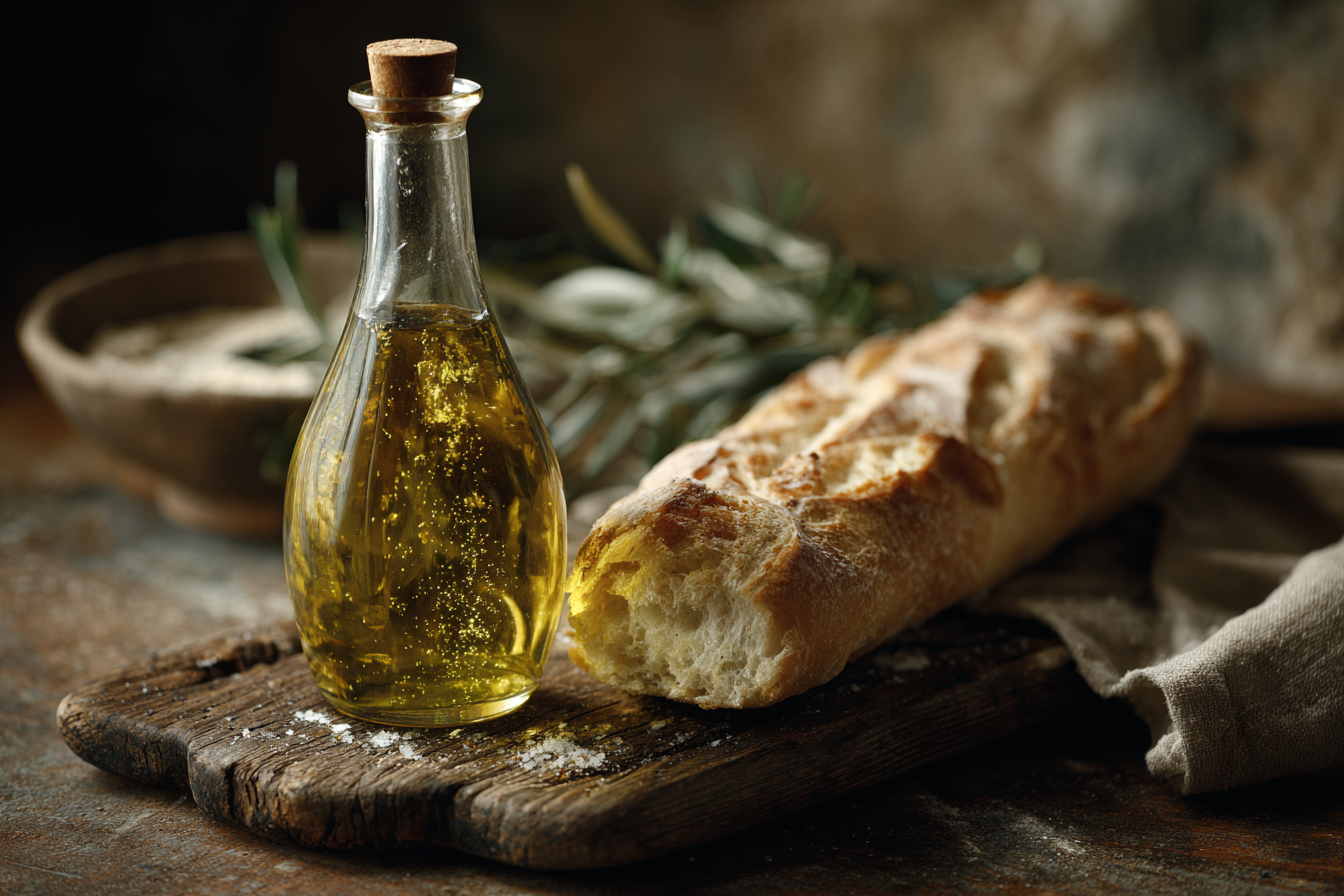 A imagem apresenta uma composição rústica com uma garrafa de azeite de oliva em formato elegante, destacando seu conteúdo dourado e brilhante. O fundo apresenta uma textura de madeira escura, que contrasta com o pão crocante à esquerda, que exibe uma crosta dourada e uma textura macia interna. Folhas de oliveira acrescentam um toque de verde fresco ao arranjo, complementando a paleta de cores quentes e naturais.
