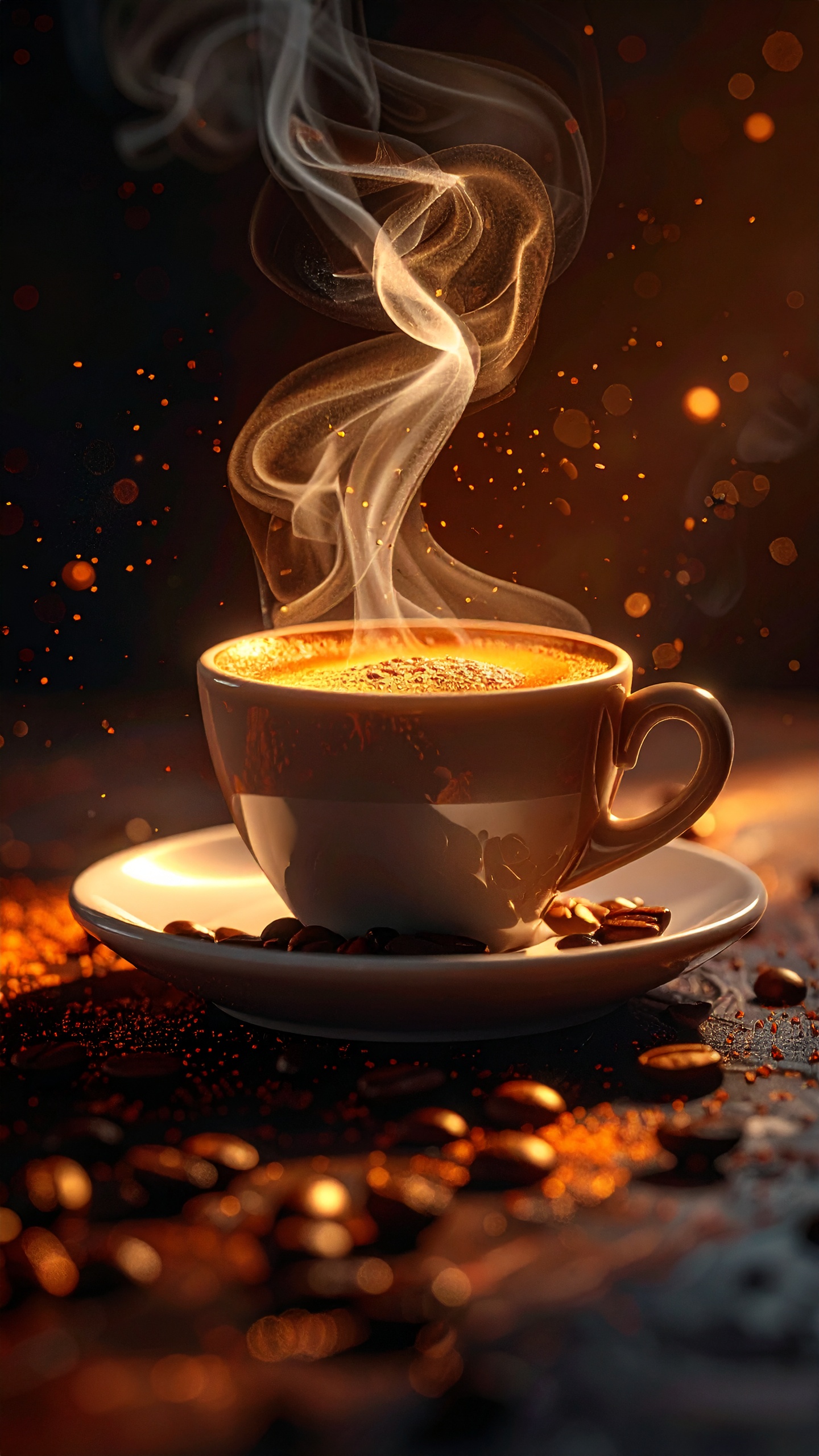 Steaming Coffee Cup Surrounded by Coffee Beans