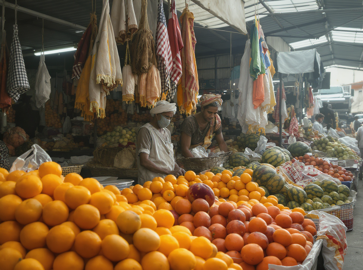Cena de mercado movimentado com abundância de frutas coloridas, incluindo laranjas e melancias, sobre bancas cobertas. Dois vendedores, um usando máscara, interagem com produtos sob um teto metálico. Tecidos pendurados adicionam textura e cor ao ambiente, enquanto a luz suave cria uma atmosfera acolhedora e vibrante.