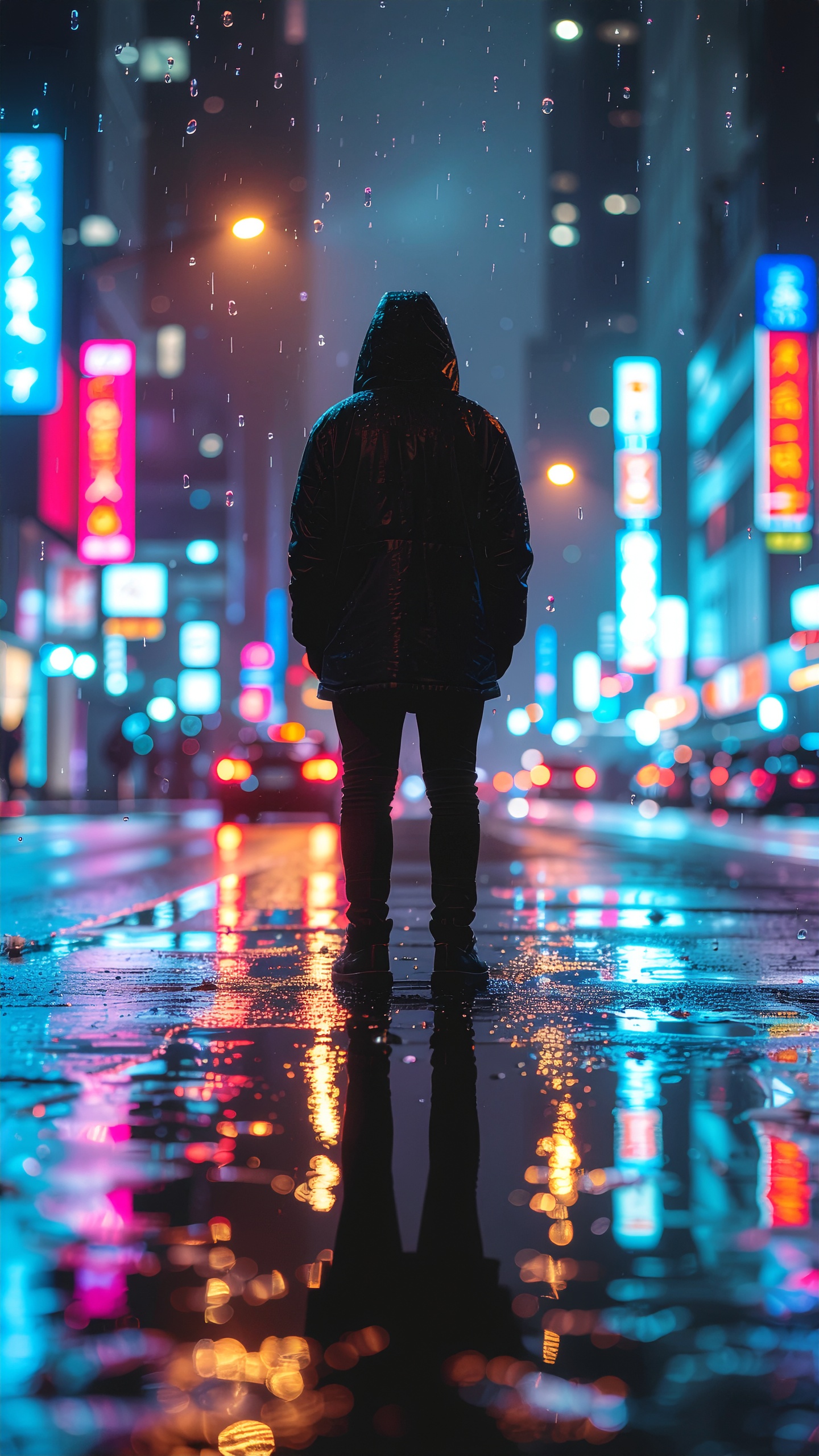 A lone figure stands on a rainy, neon-lit urban street at night