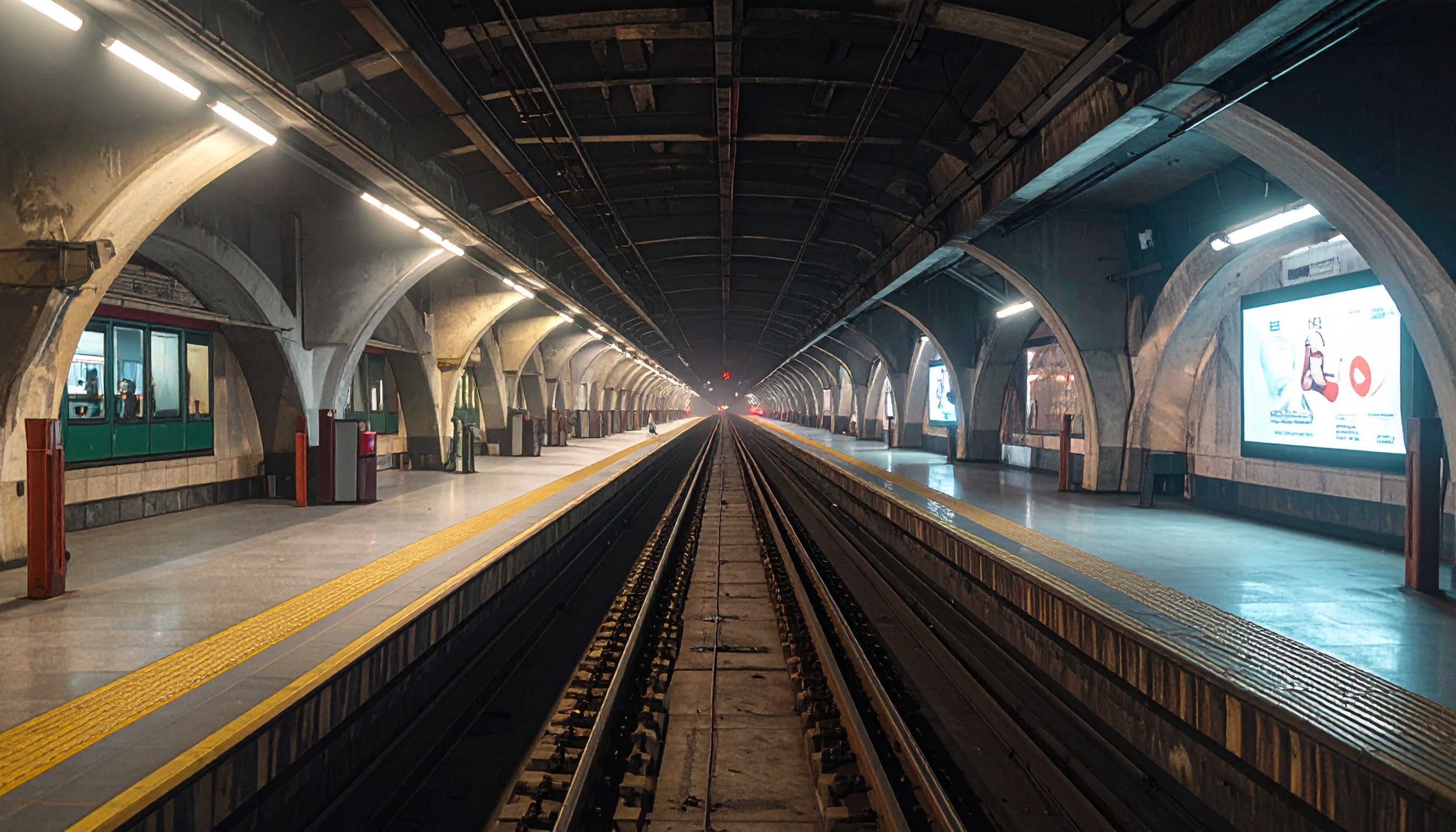 An empty subway platform stretches into the distance, flanked by large archways