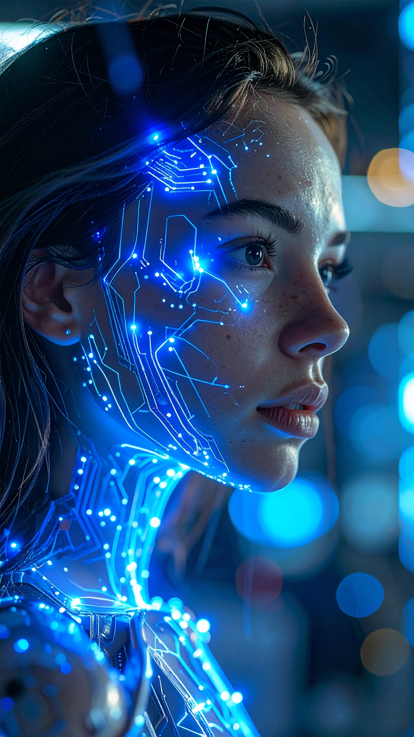 Futuristic Woman Profile Portrait with Bright Blue Circuit