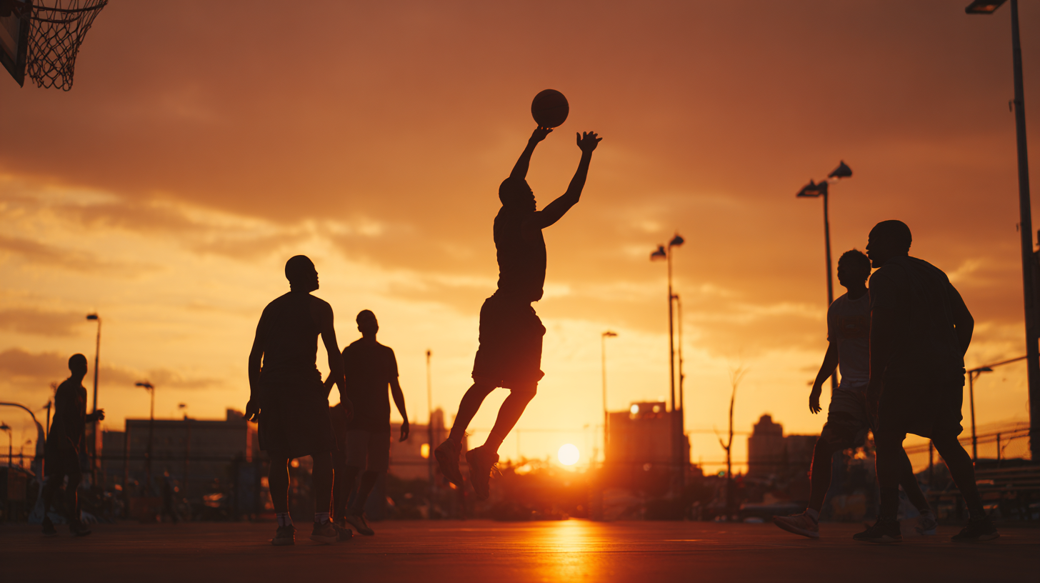 A imagem apresenta uma cena de basquete durante o pôr do sol, onde as silhuetas de jogadores se destacam contra um fundo vibrante de tons alaranjados e dourados. A composição é dinâmica, com um jogador em destaque saltando para fazer uma cesta, enquanto outros jogadores se posicionam em diferentes partes da quadra. A iluminação cria um efeito dramático, enfatizando as formas dos corpos em movimento.