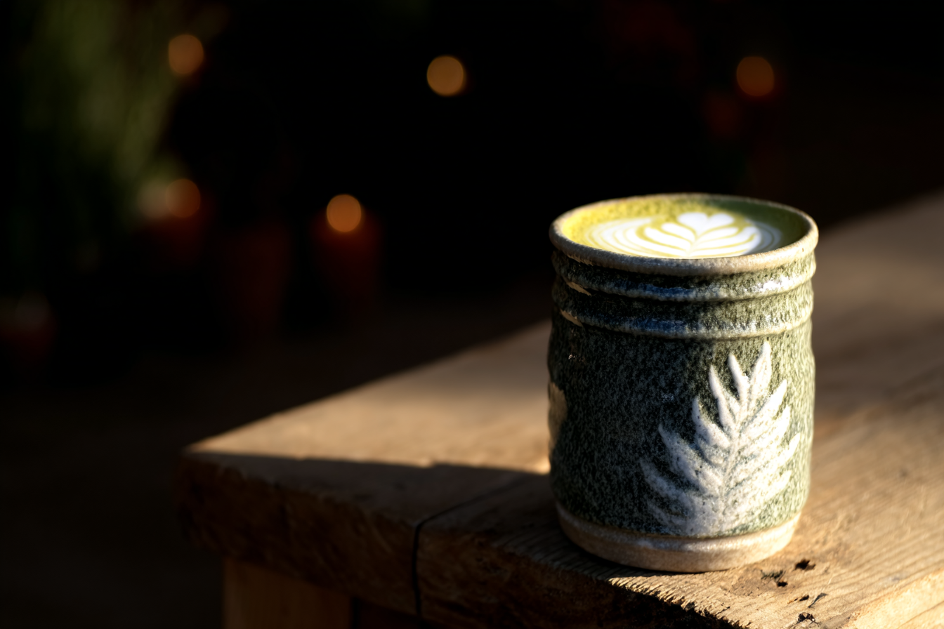 Copo de cerâmica verde musgo com textura granulada e desenho de folha contém latte art, iluminado por luz suave sobre mesa de madeira, criando atmosfera acolhedora e rústica.