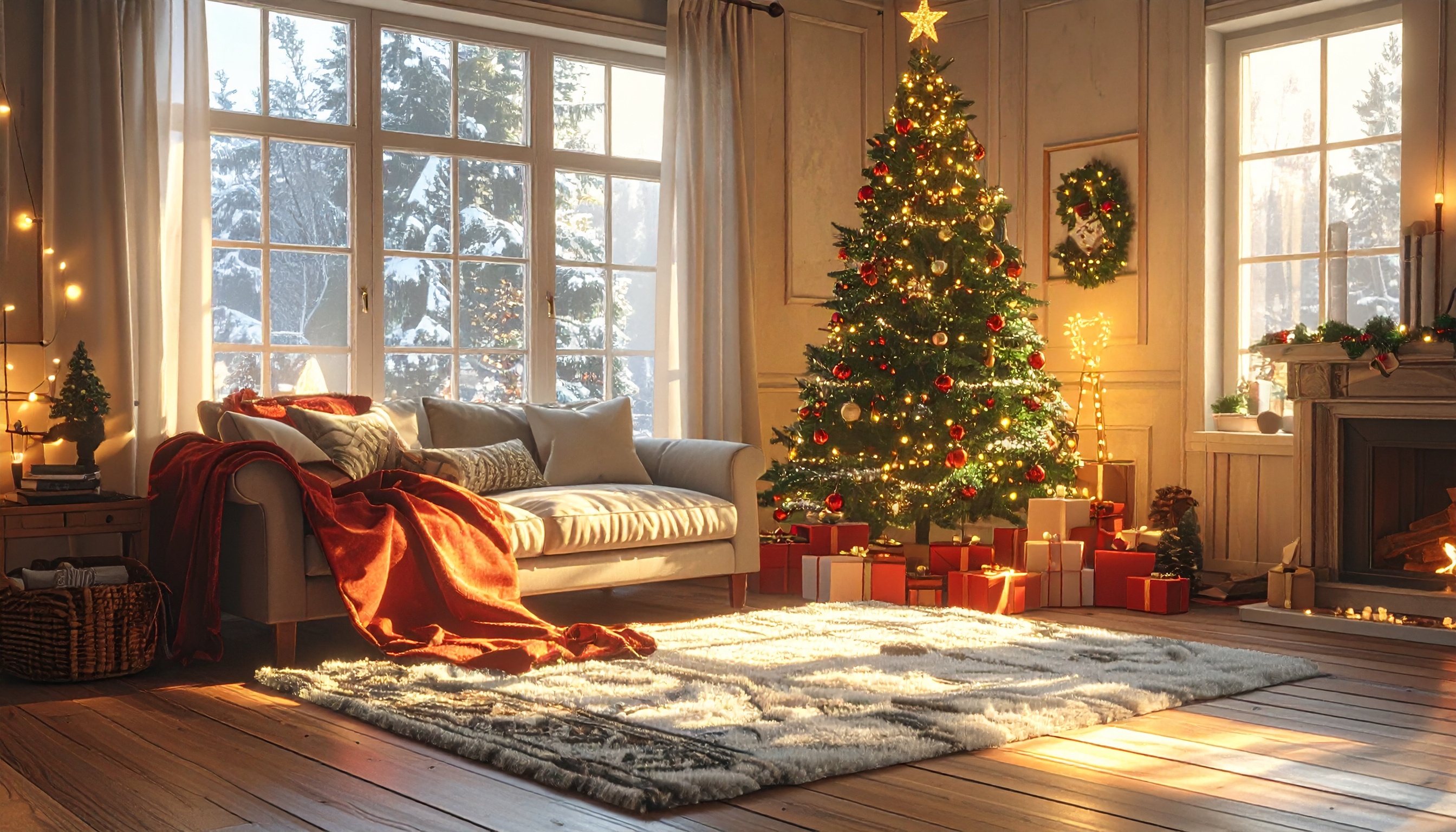 Cozy Christmas Living Room with Illuminated Tree and Warm Decor