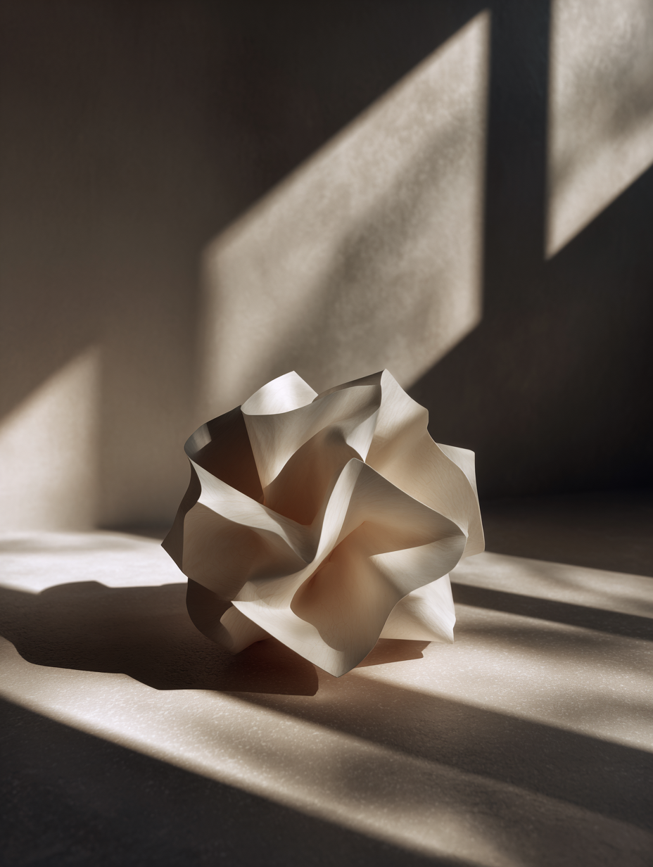 Escultura abstrata de papel com dobras intricadas em um ambiente minimalista, iluminada por luz natural suave criando sombras geométricas distintas sobre uma superfície texturizada, transmitindo uma sensação de tranquilidade e elegância.