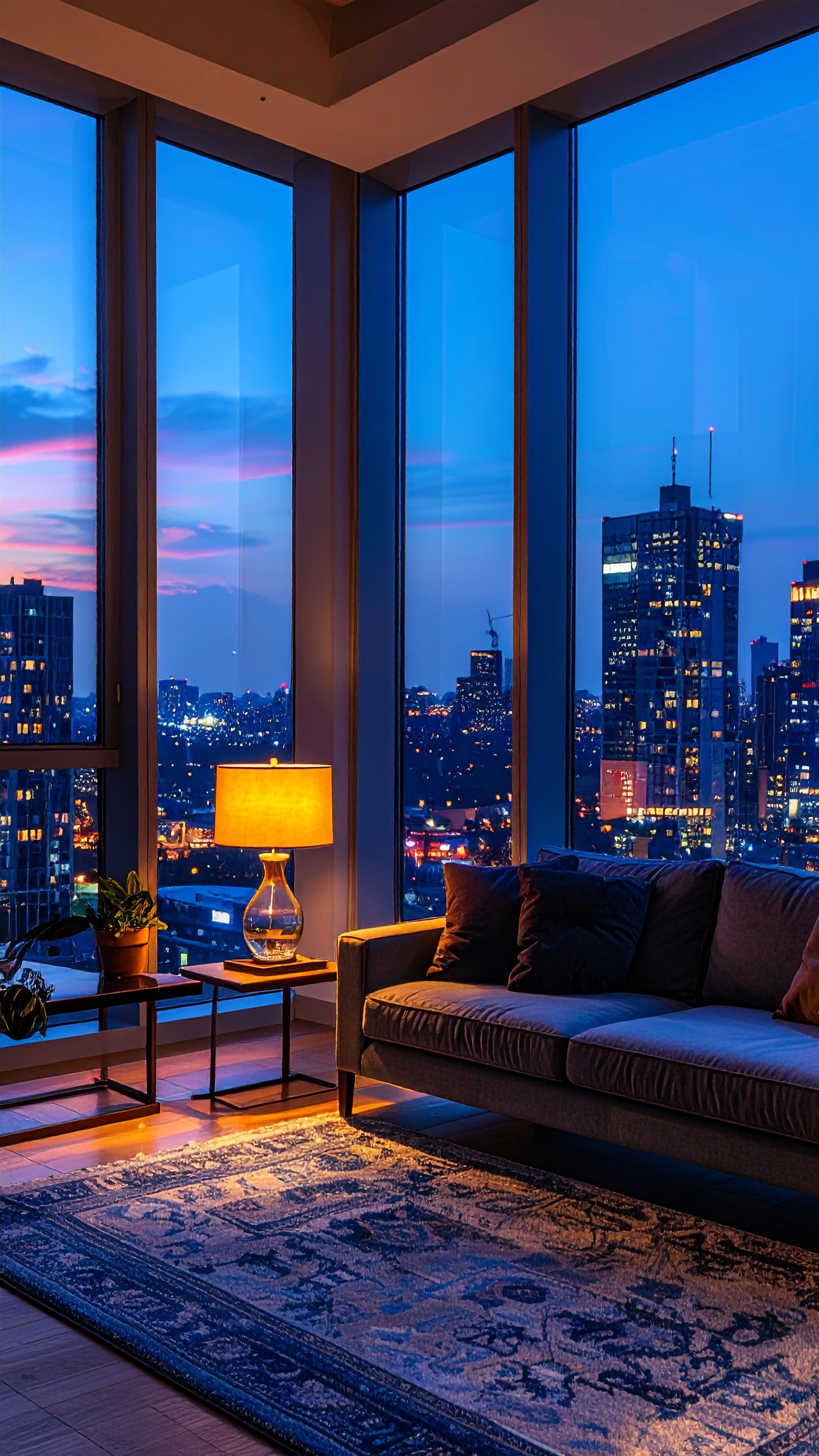 A modern living room with a stunning cityscape view at dusk