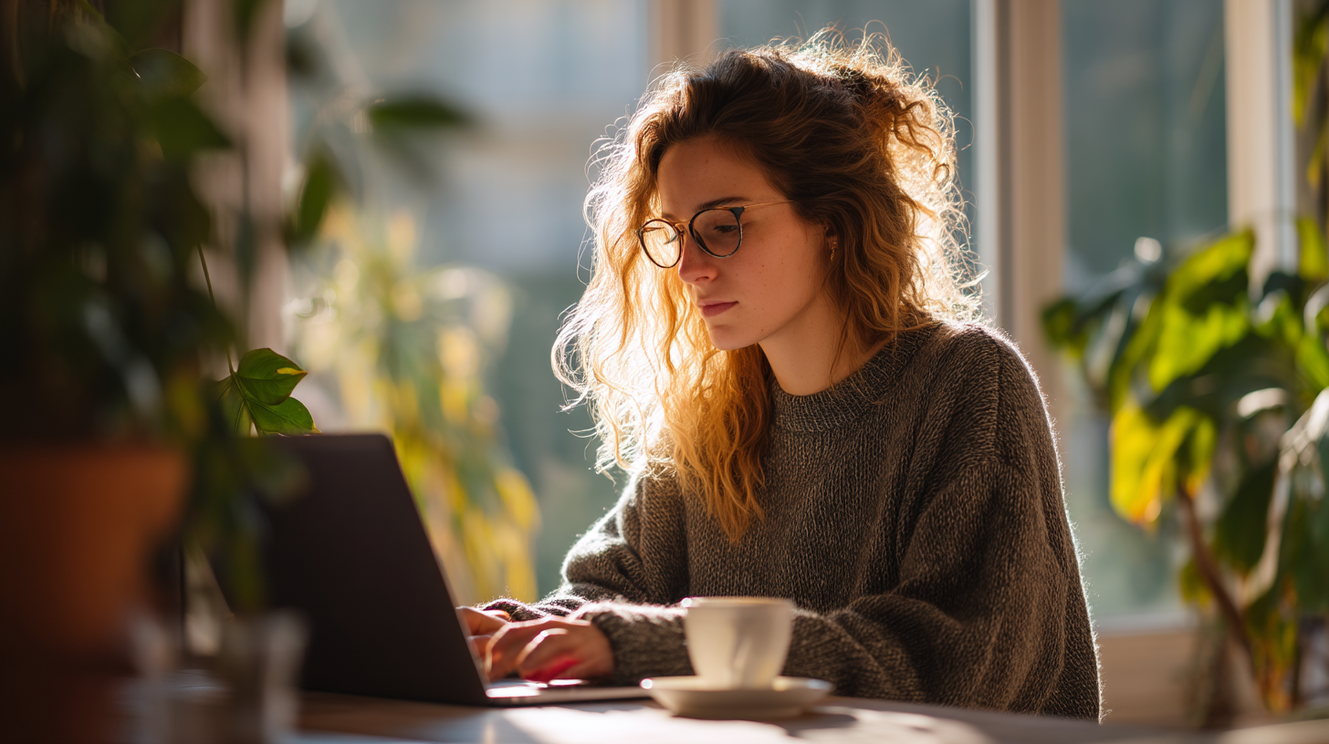 Mulher jovem com cabelo cacheado, usando óculos e um suéter cinza, concentrada em seu laptop enquanto desfruta de uma xícara de café em um ambiente iluminado por luz natural, cercada por plantas.