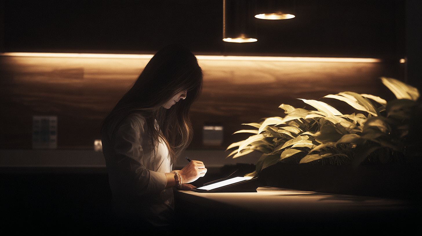 Mulher em ambiente moderno, iluminado por luz suave, usando tablet em bancada com plantas, transmite concentração e tranquilidade.