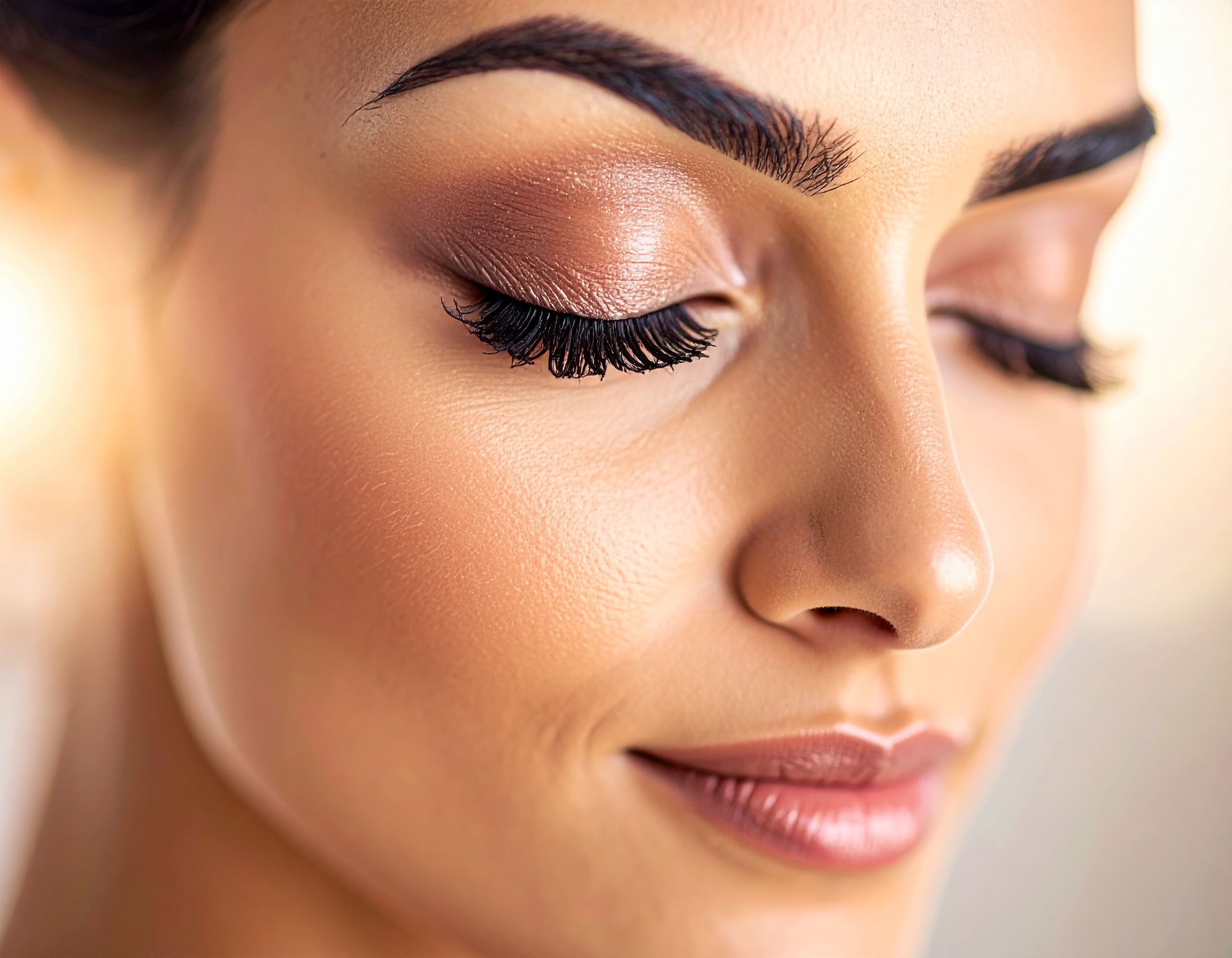 Close-up of a woman's serene face with perfect makeup and closed eyes