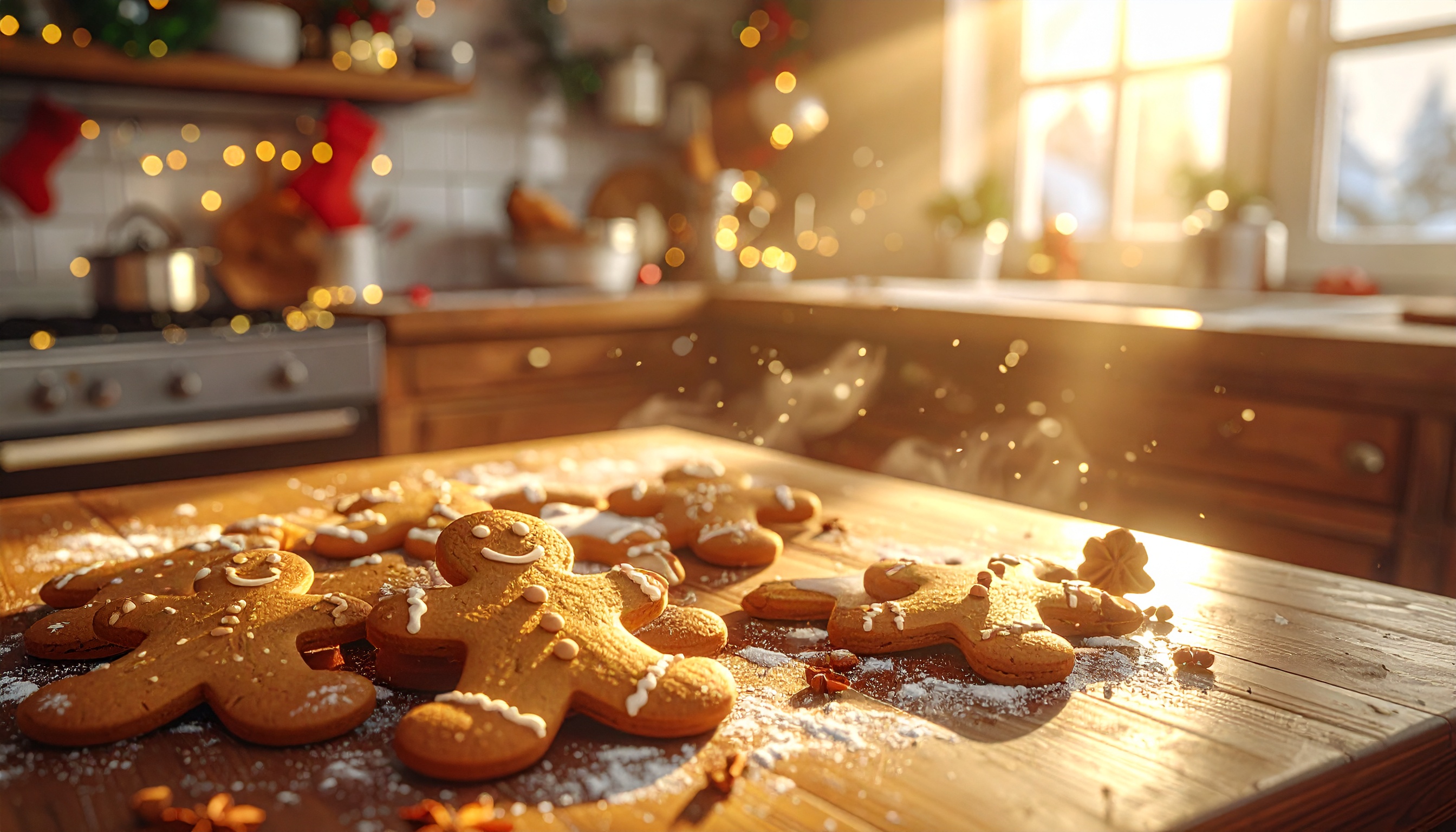 Cozy Kitchen with Gingerbread Cookies and Christmas Lights