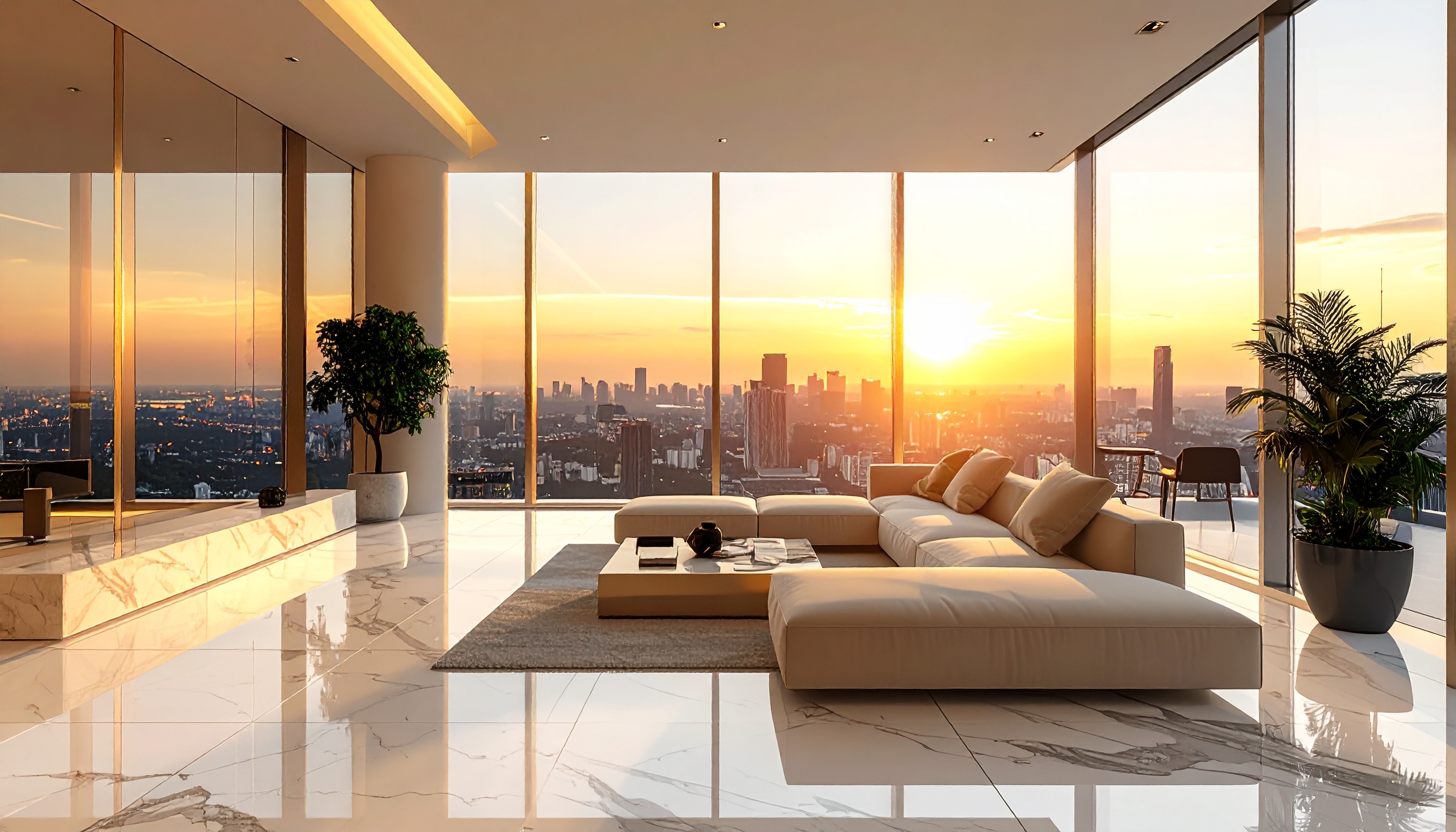 Sala de estar luxuosa com vista panorâmica da cidade ao pôr do sol. Ideal para quem busca sofisticação e conforto em um ambiente moderno. A sala é decorada com um amplo sofá bege, mesa de centro elegante e plantas ornamentais, destacando elegância. Perfeita para relaxar após um longo dia ou receber convidados com estilo. O design contemporâneo e a iluminação natural criam uma atmosfera acolhedora e inspiradora.
